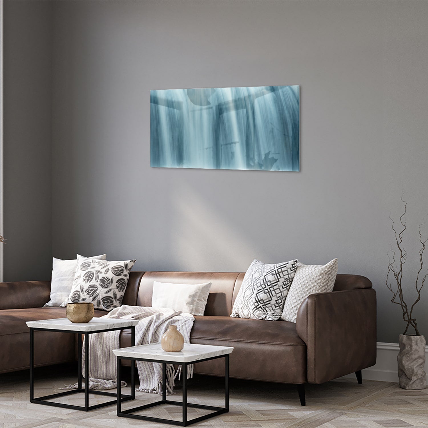 Glazen schilderij van watervallen in heldere blauwtinten, prachtig voor in huis.