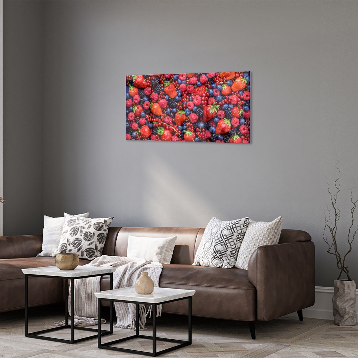 Glazen schilderij met een kleurrijke afbeelding van bessen en fruit
