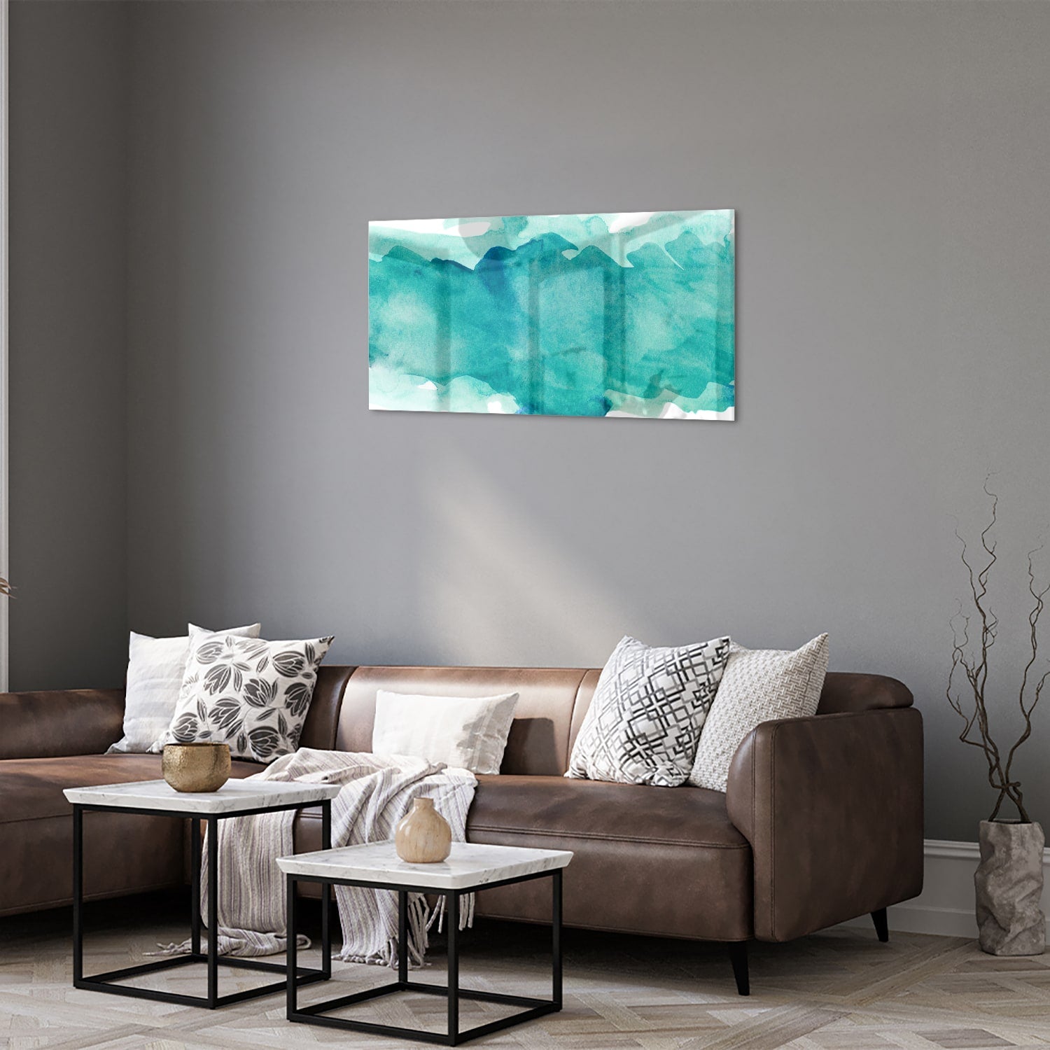 Abstract glazen schilderij met turquoise tinten, perfect voor moderne interieurs.