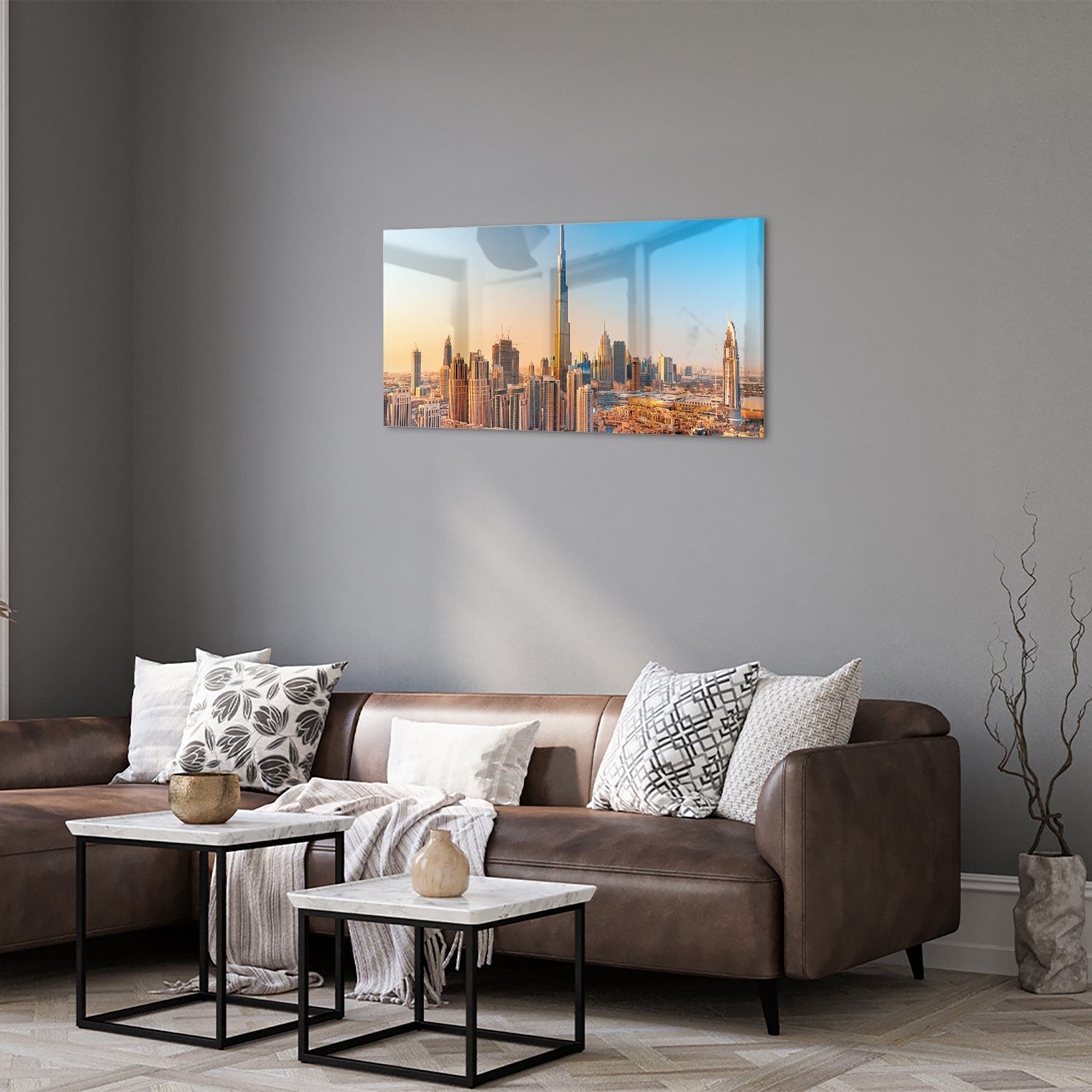 Glazen schilderij van de skyline van Dubai met Burj Khalifa tijdens zonsondergang