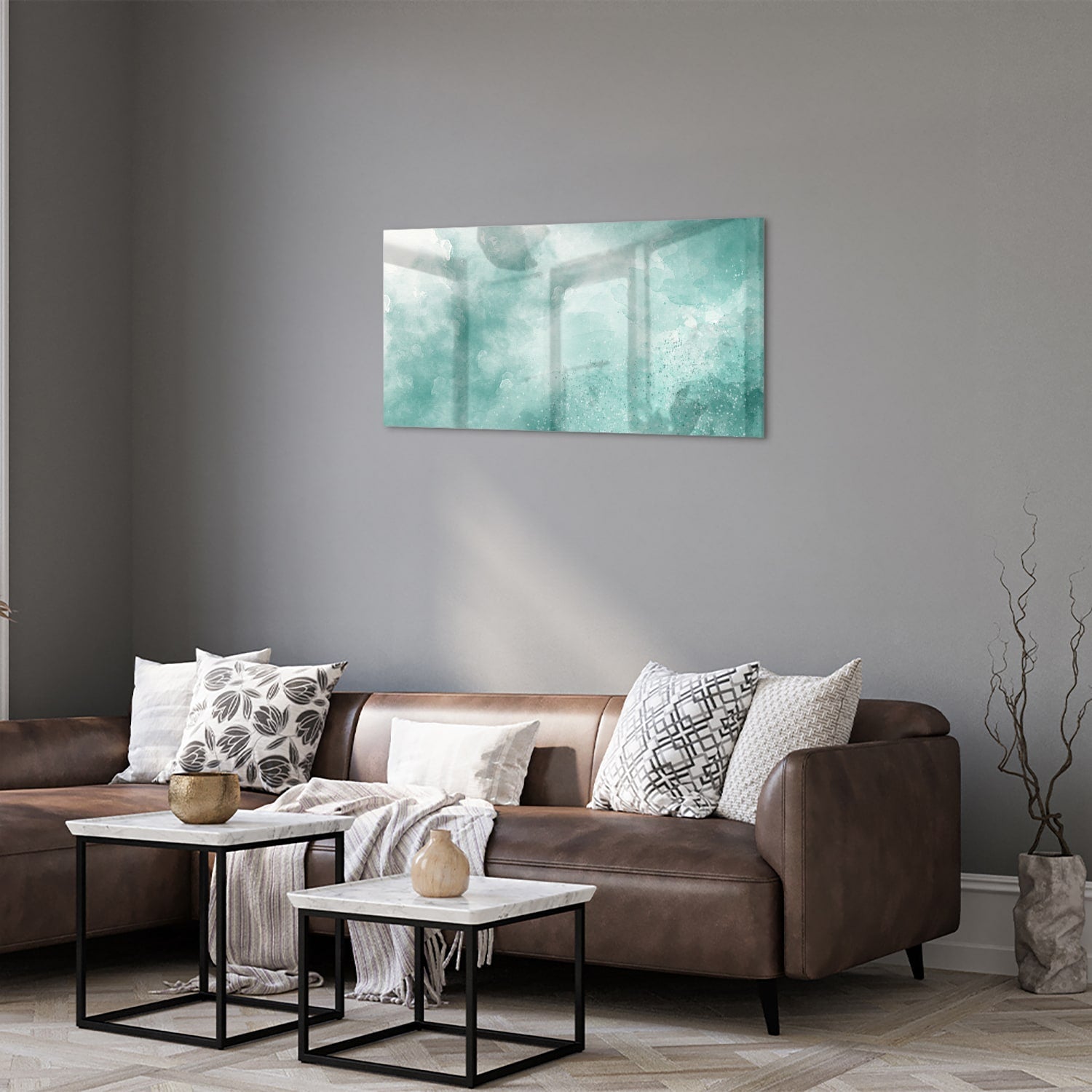 Abstract glazen schilderij in aquablauw kleur, past mooi in een modern interieur.