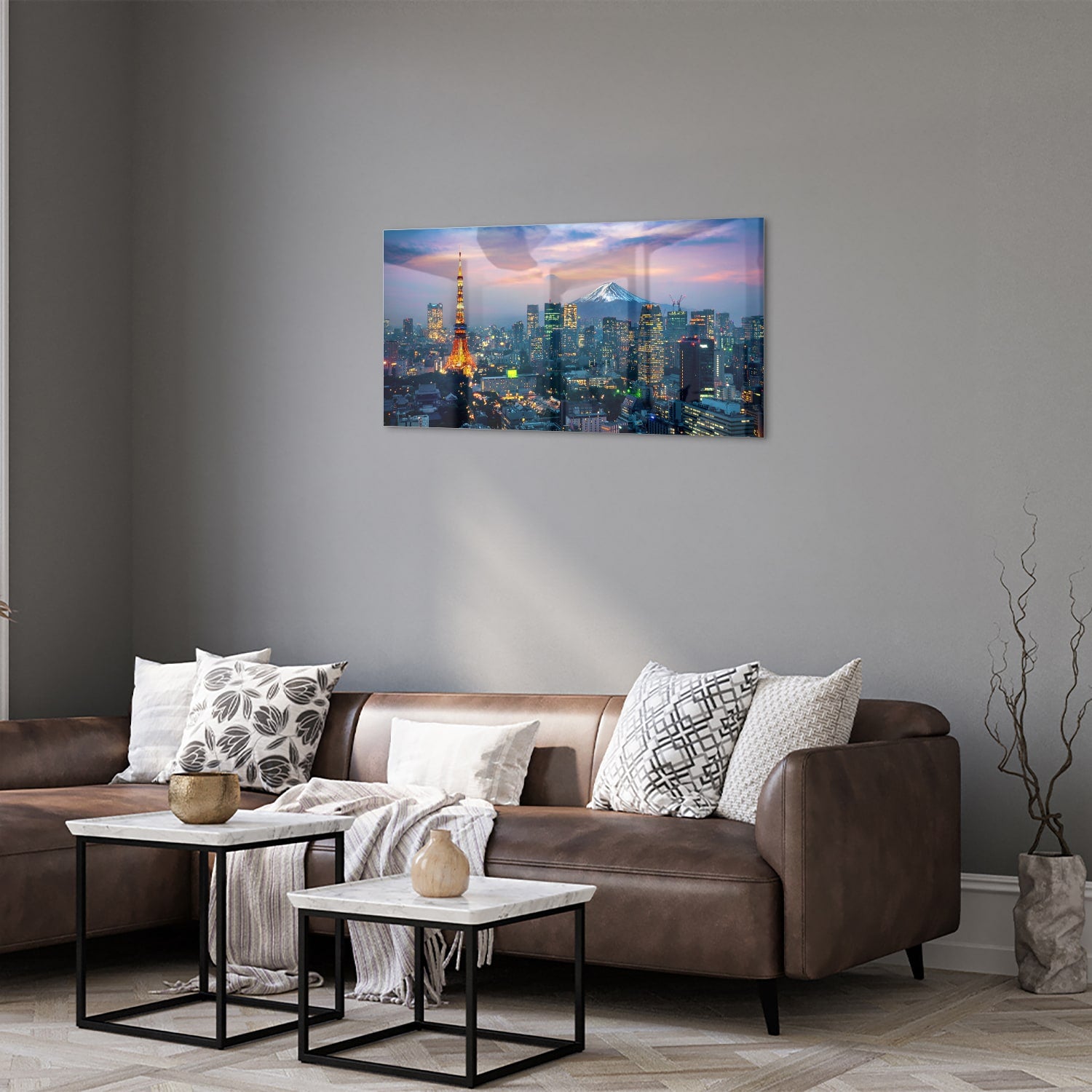 Glazen schilderij van Tokyo met de Tokyo Tower en Mount Fuji in de achtergrond