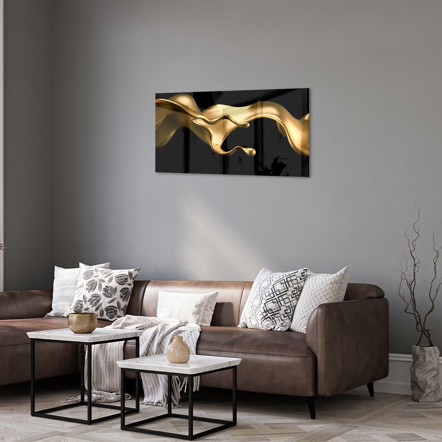Gouden abstract glas schilderij met zwarte achtergrond, perfect voor moderne interieurs.