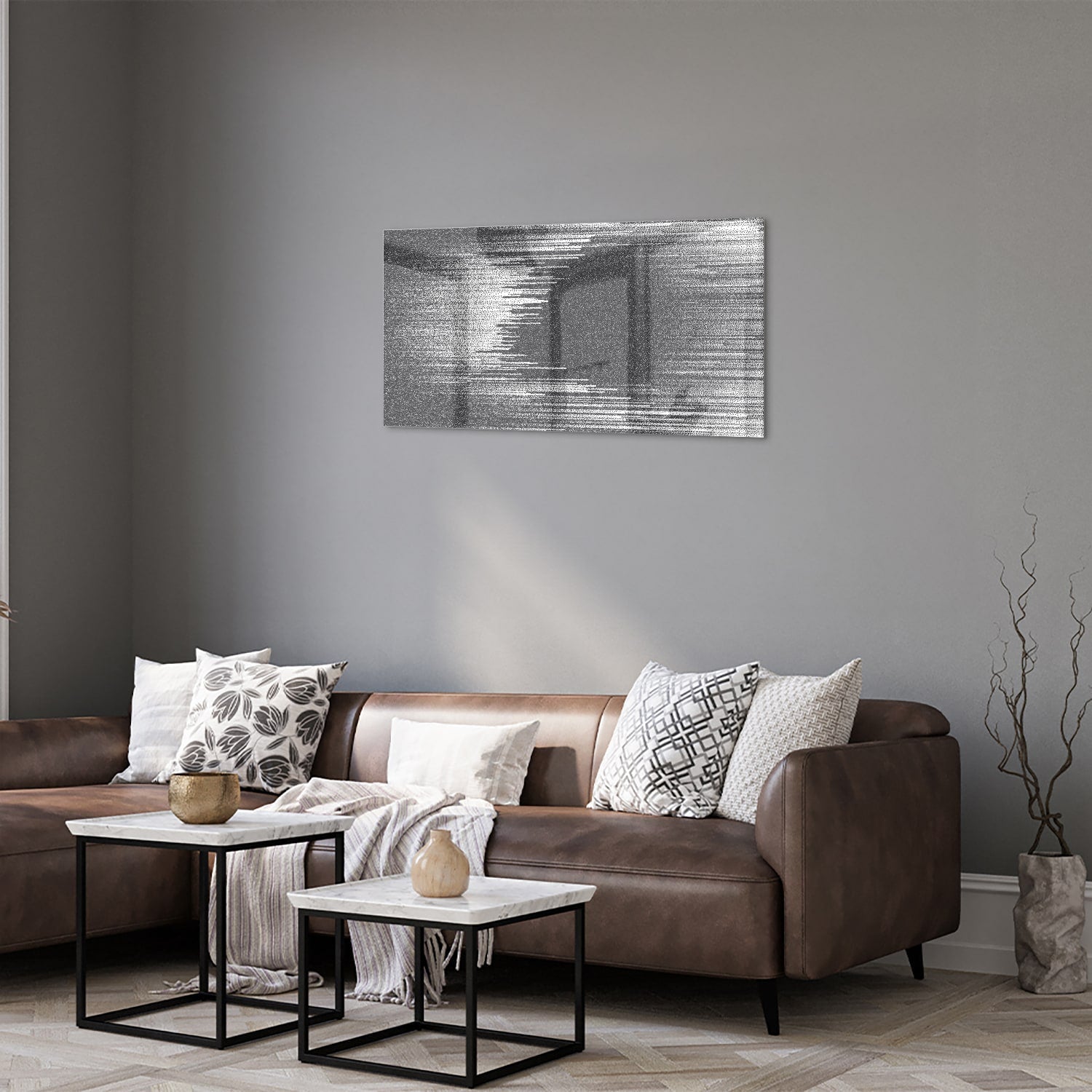 Abstract glazen schilderij in zwart-wit aan de muur met planten