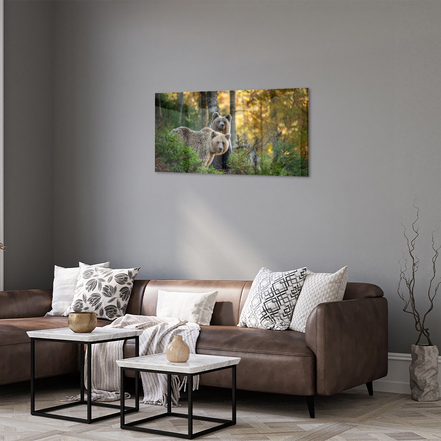 Glazen schilderij met twee schattige beren in een bosrijke omgeving