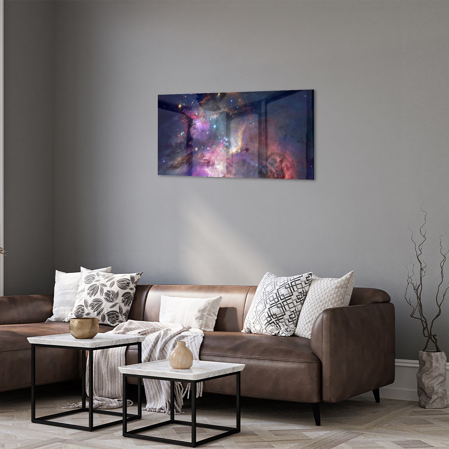 Glazen schilderij met een prachtig universum en sterren op een wand