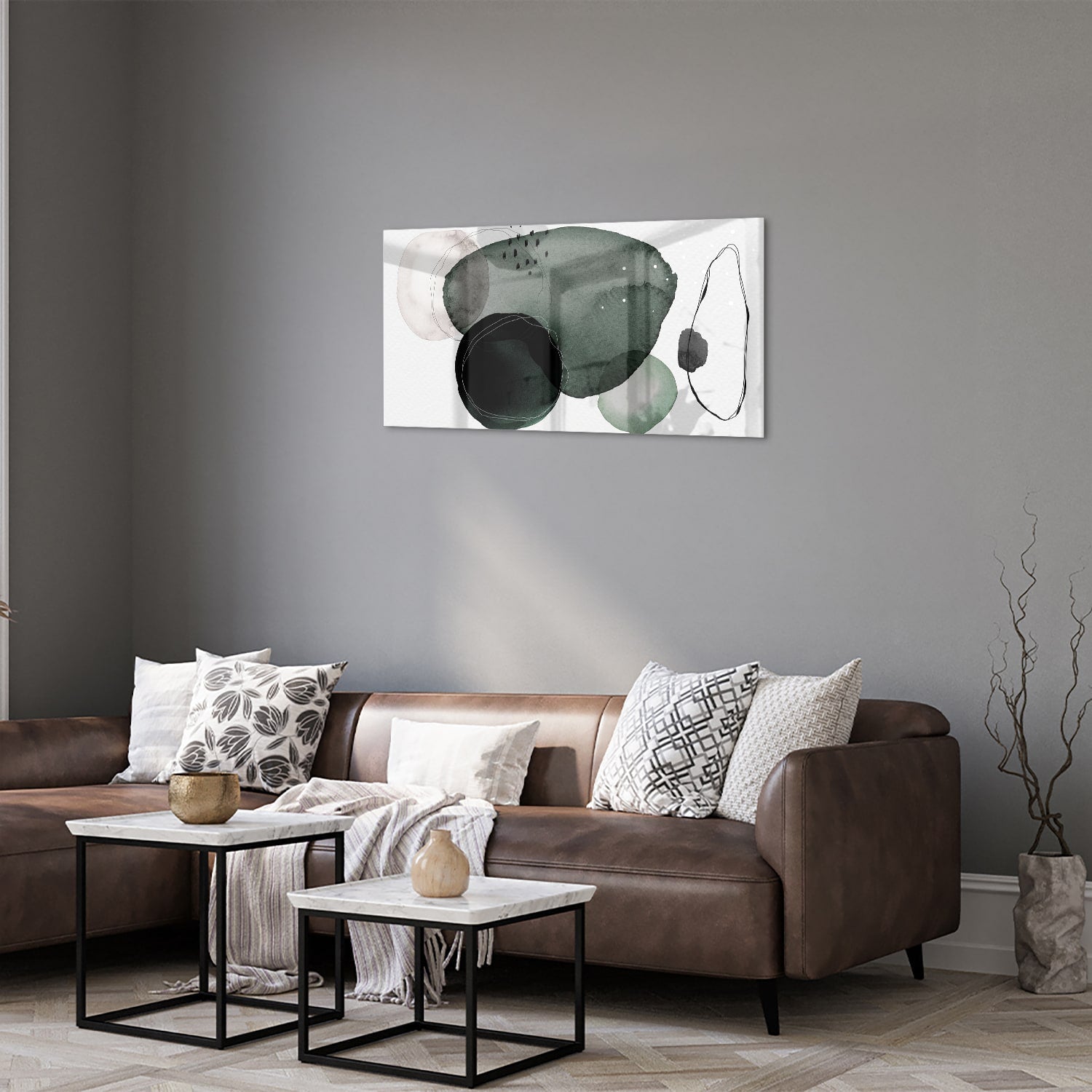 Abstract glas schilderij met groene en zwarte vormen