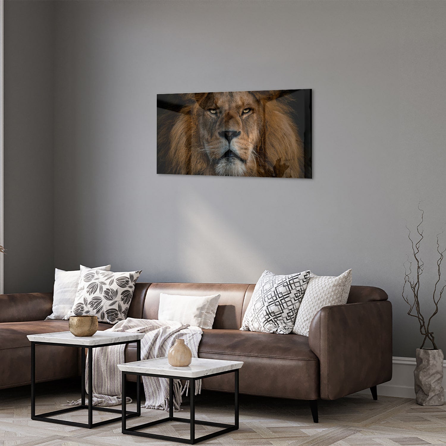 Glazen schilderij van een leeuw, een krachtige uitstraling voor de wand.