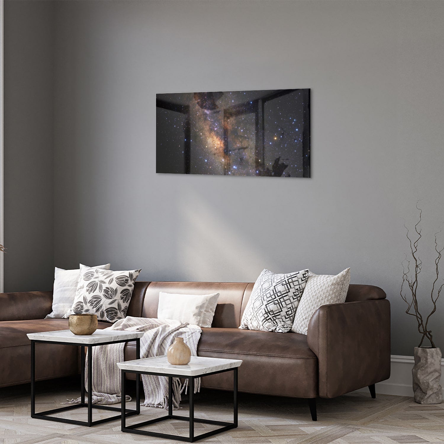 Glazen schilderij van het universum met sterren en nevels