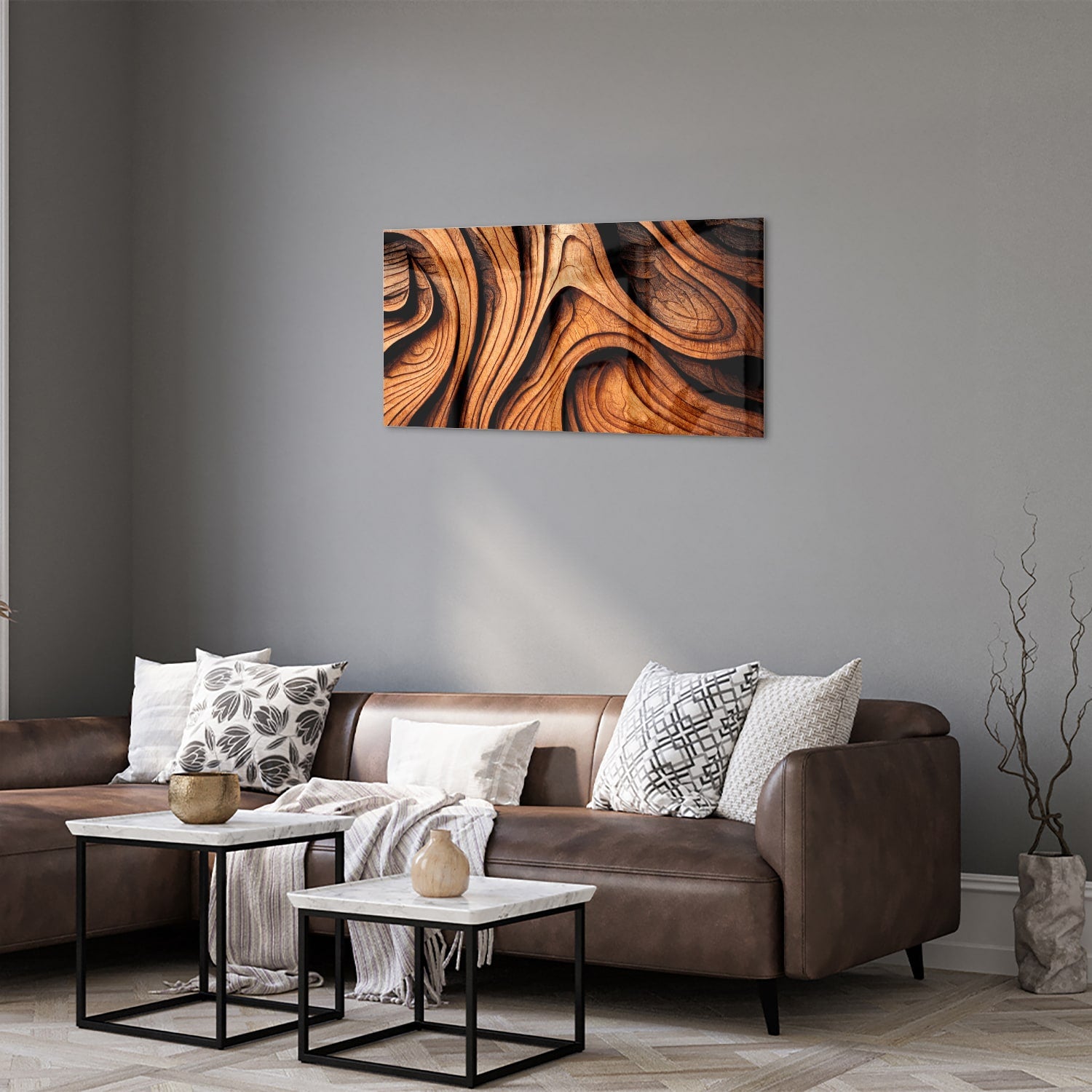 Glas schilderij met houtstrukturen in warme tinten, perfect voor wanddecoratie.