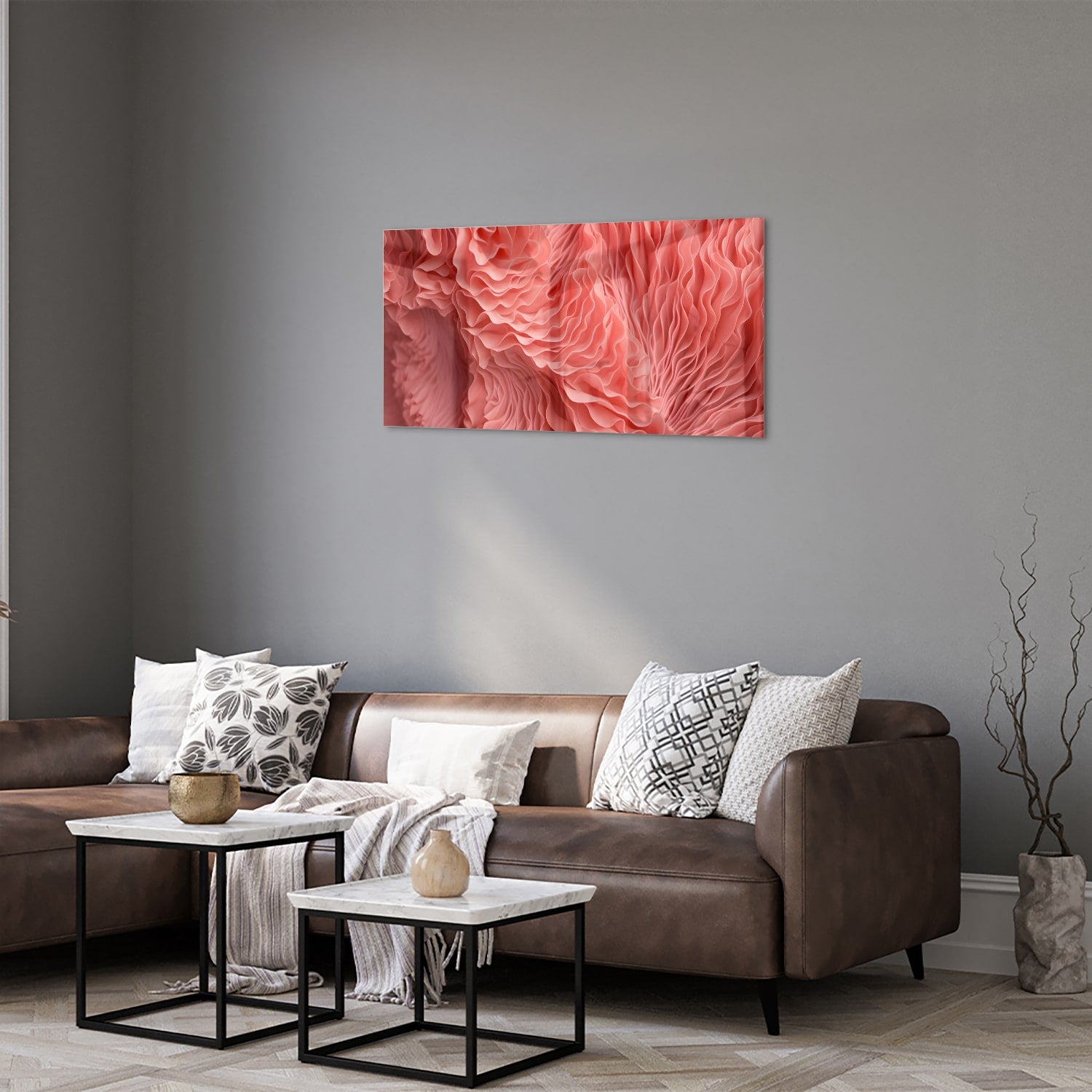 Abstract glazen schilderij in roze met golvende patronen, perfect voor wanddecoratie.