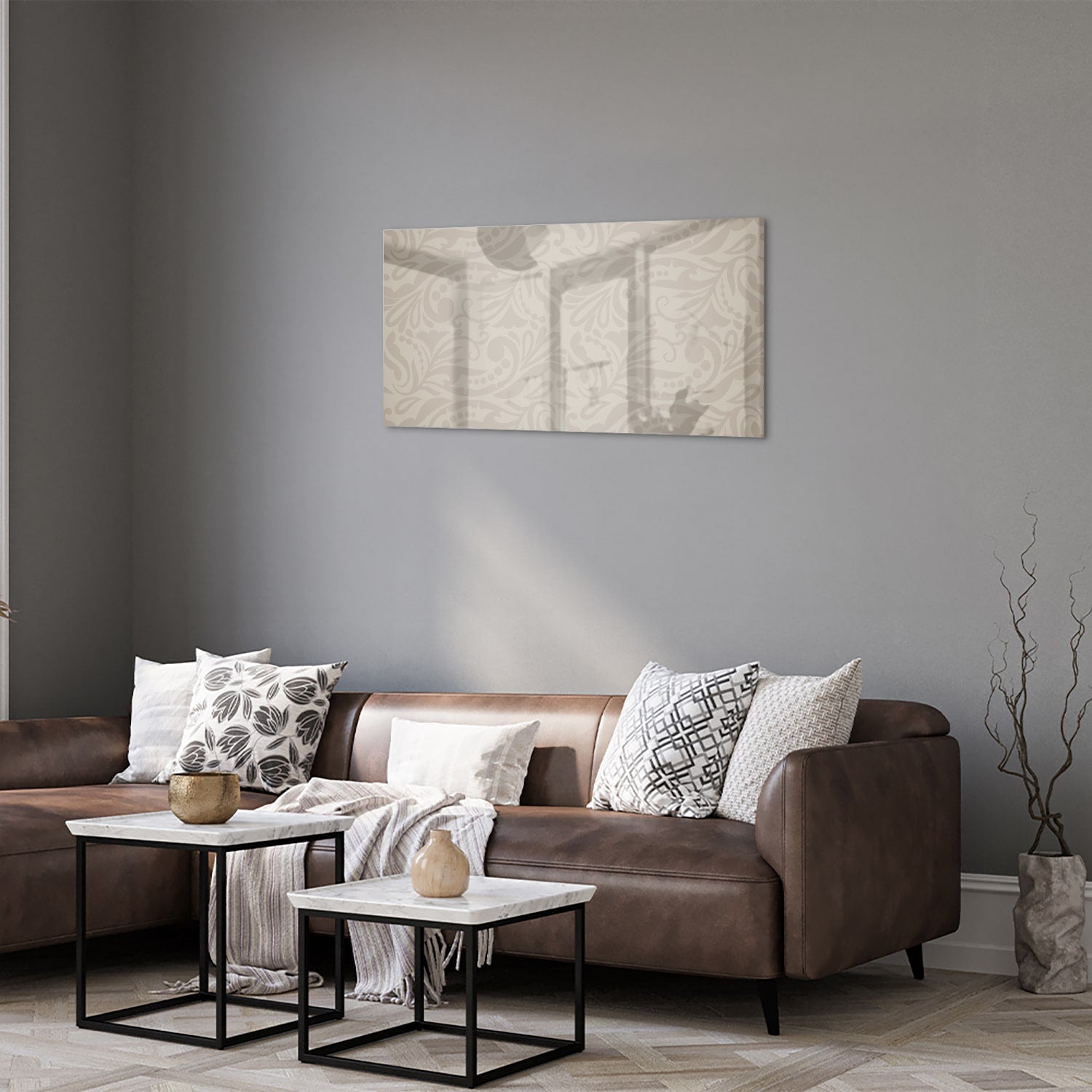 Elegante glazen schilderij met subtiel patroon aan de wand