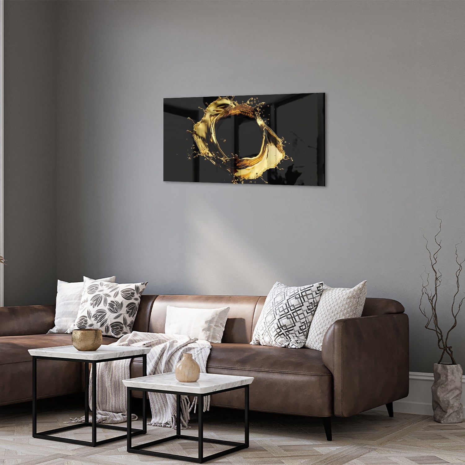 Luxe glazen schilderij met gouden spatten op zwarte achtergrond