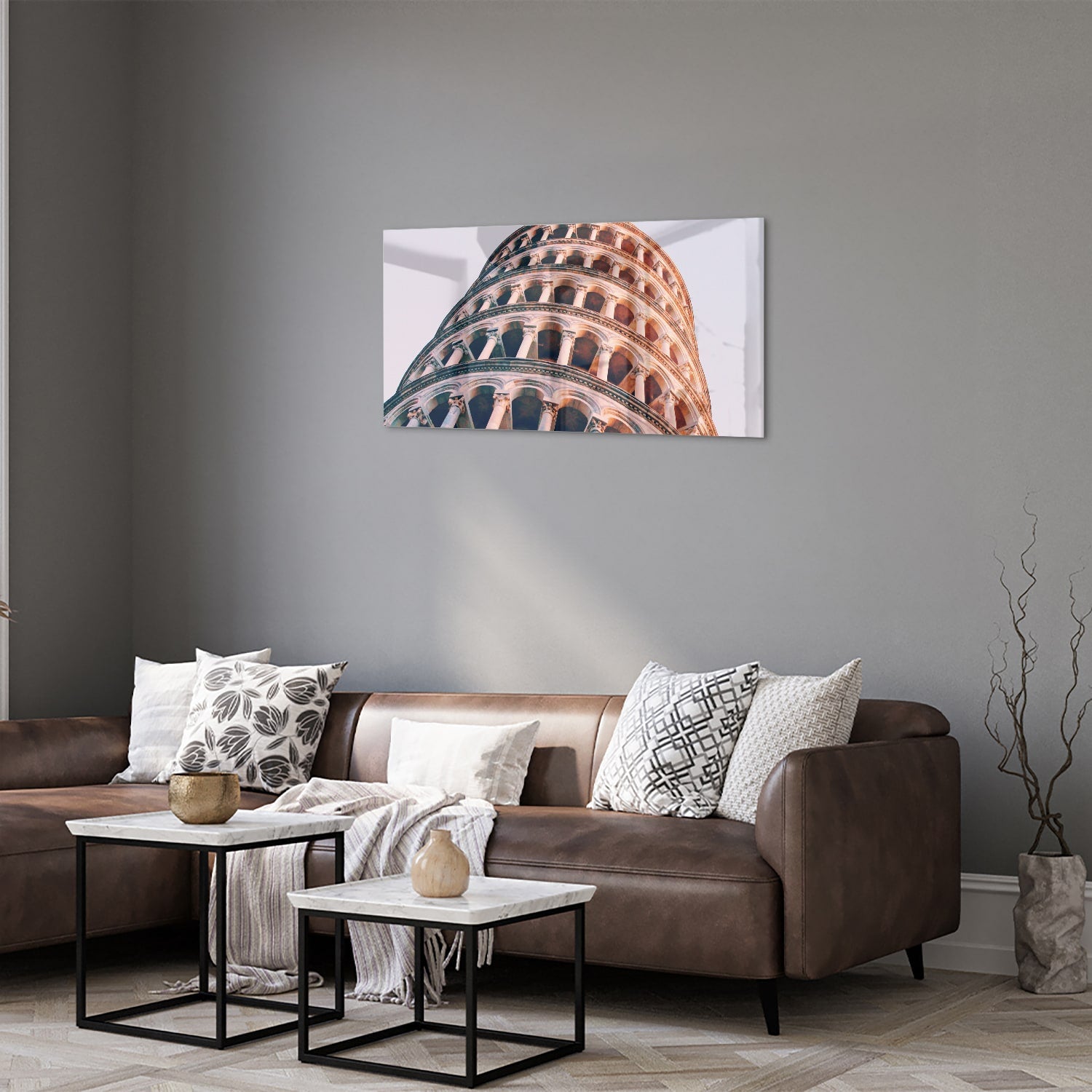 Glazen schilderij van de Scheve Toren van Pisa in warm tinten
