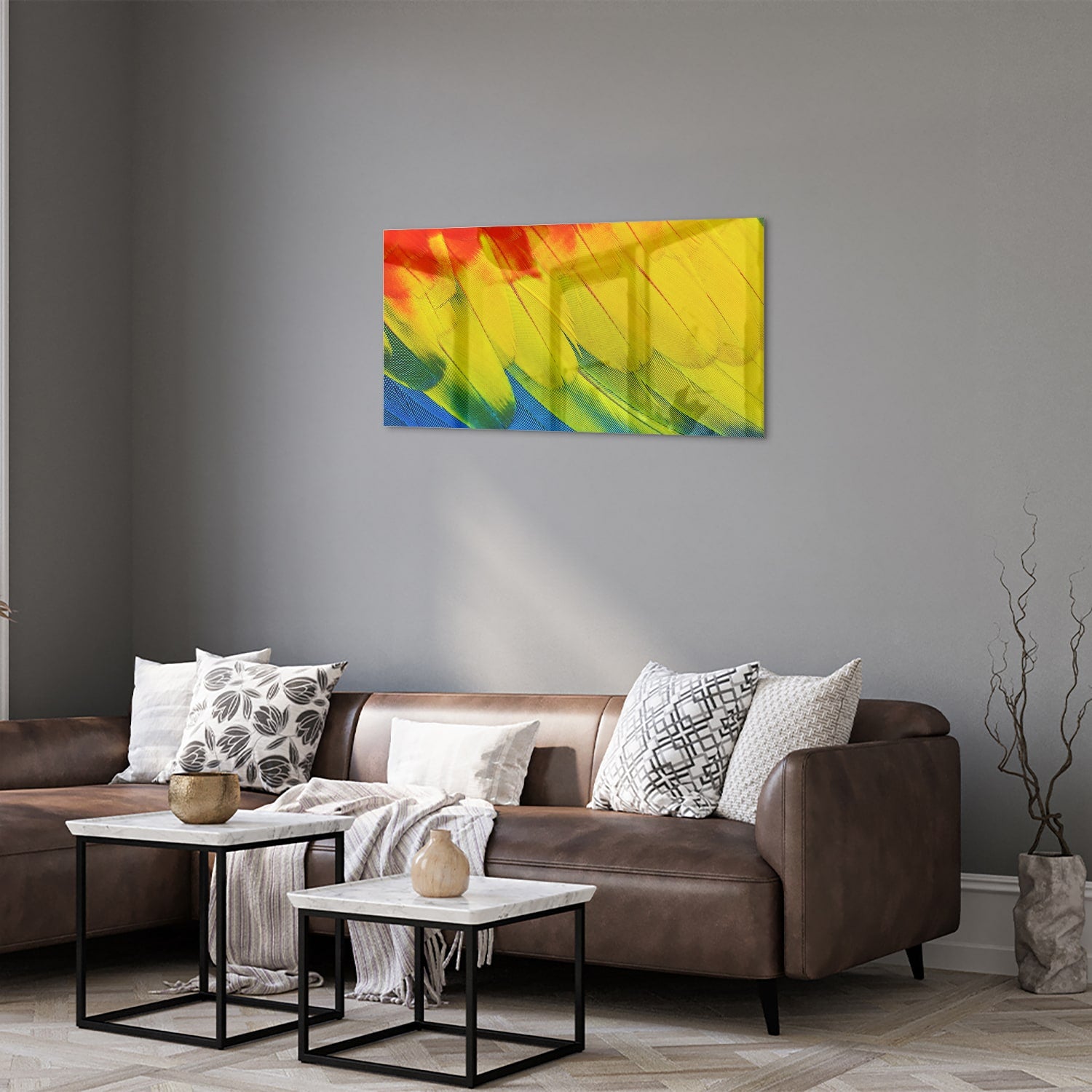 Abstract glazen schilderij met kleurrijke golven in rood, geel en blauw
