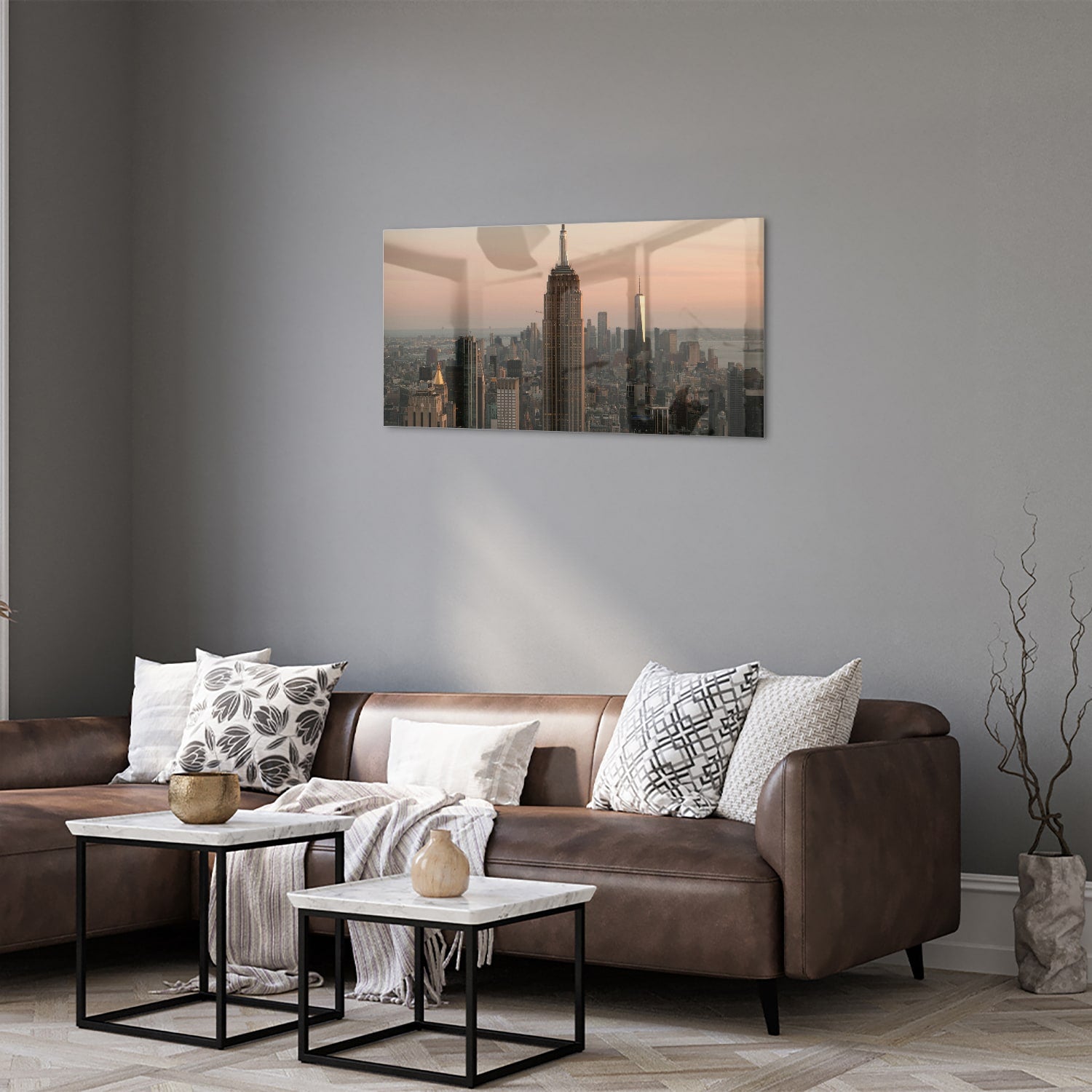 Glazen schilderij van de Empire State Building met een mooie zonsondergang