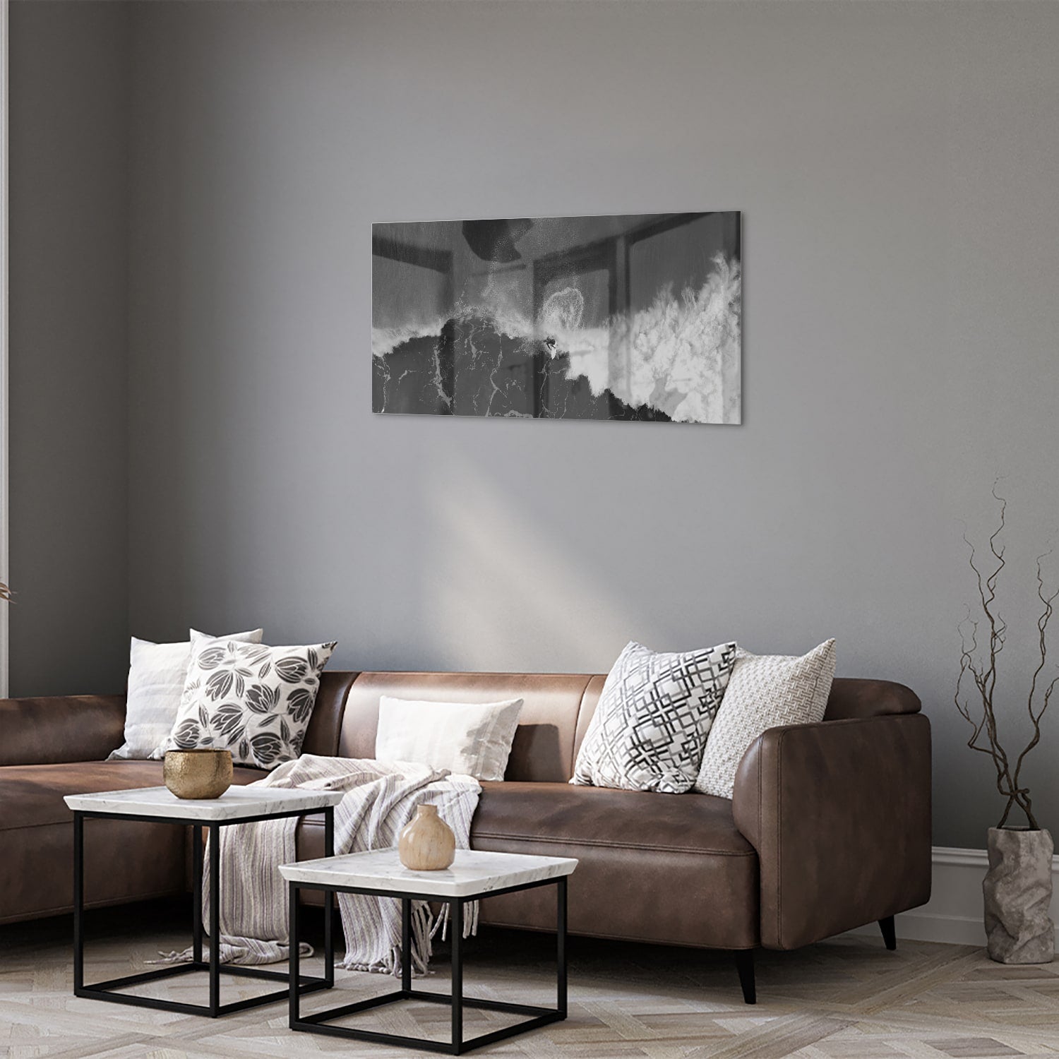 Abstract glazen schilderij in zwart-wit, perfect voor moderne interieurs.
