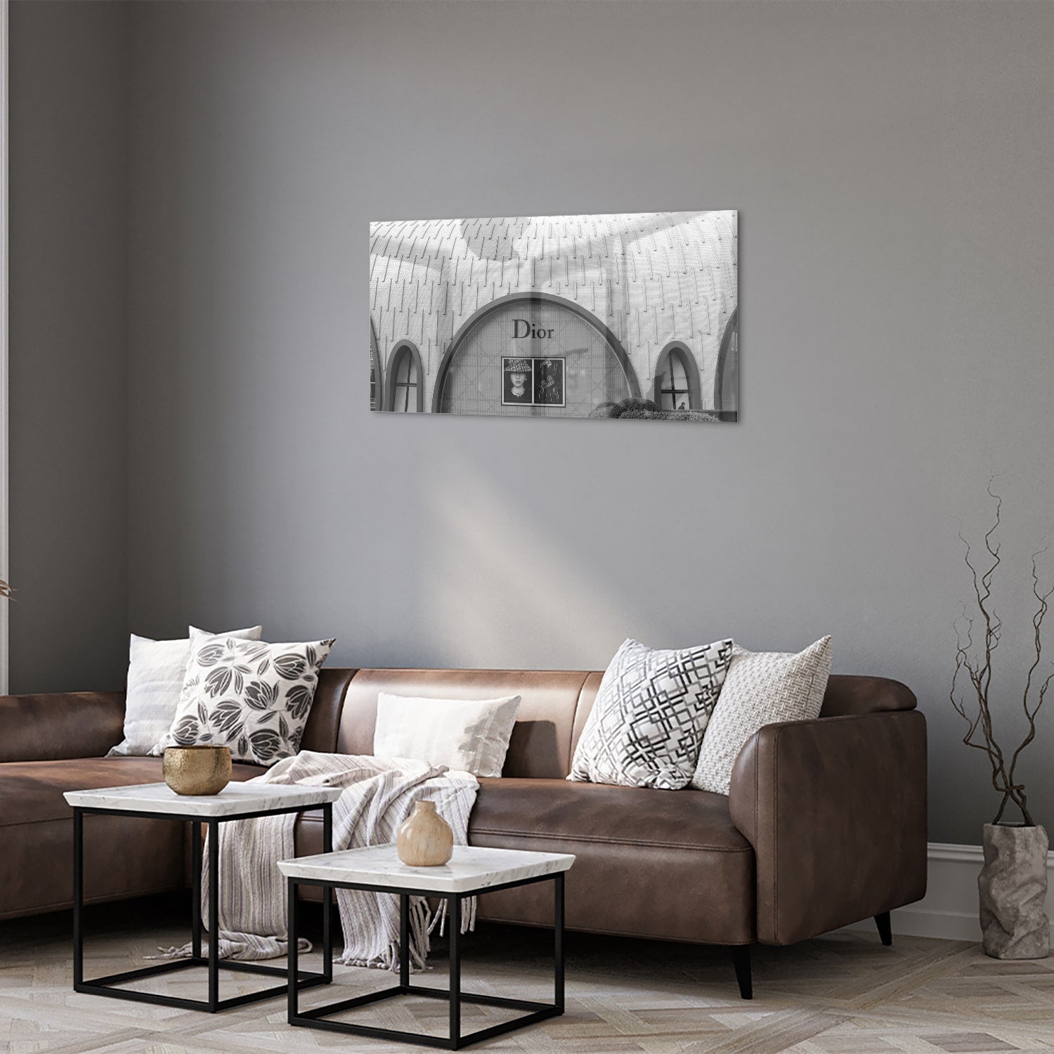 Glazen schilderij van de Dior etalage in zwart-wit, perfect voor interieurdecoratie
