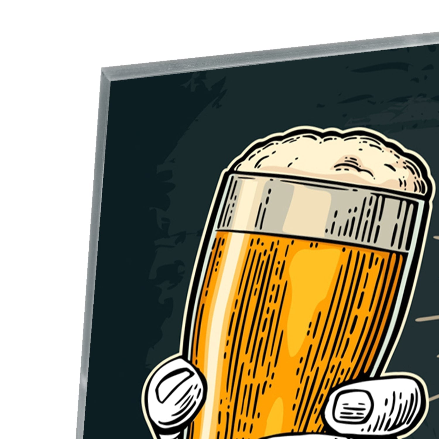 Feestelijk glazen schilderij met twee handen die bier vasthouden.