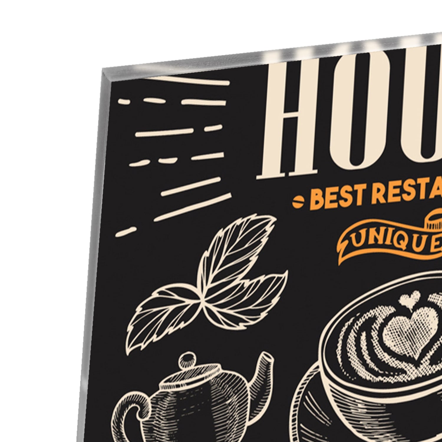 Glazen schilderij van een koffiehuis met tekst in zwart en oranje
