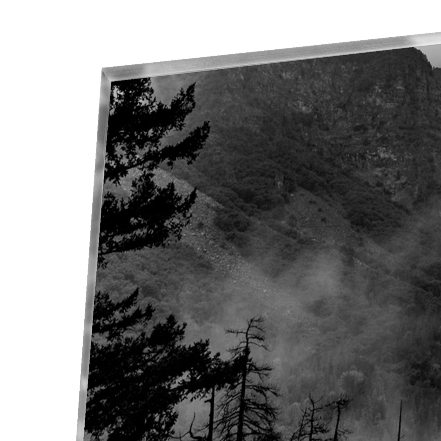 Zwart-wit glazen schilderij van een sereen berglandschap aan de muur.