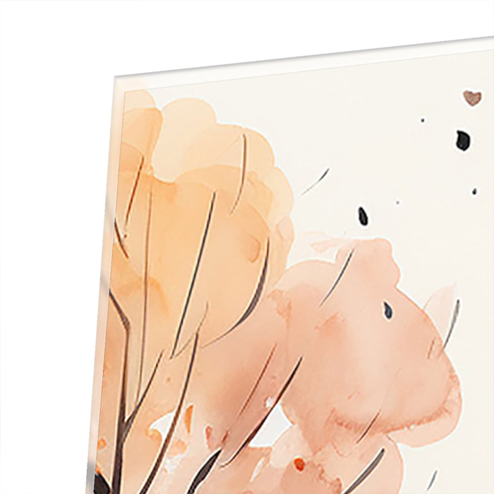 Glazen schilderij van een herfstlandschap met een wandelaar en kleurrijke bomen.