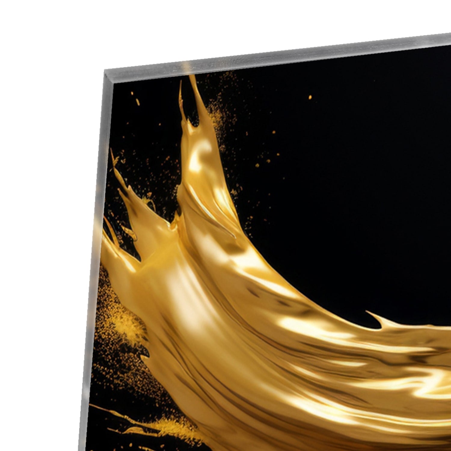 Glas schilderij met gouden glans op een zwarte achtergrond, hangend aan de muur.