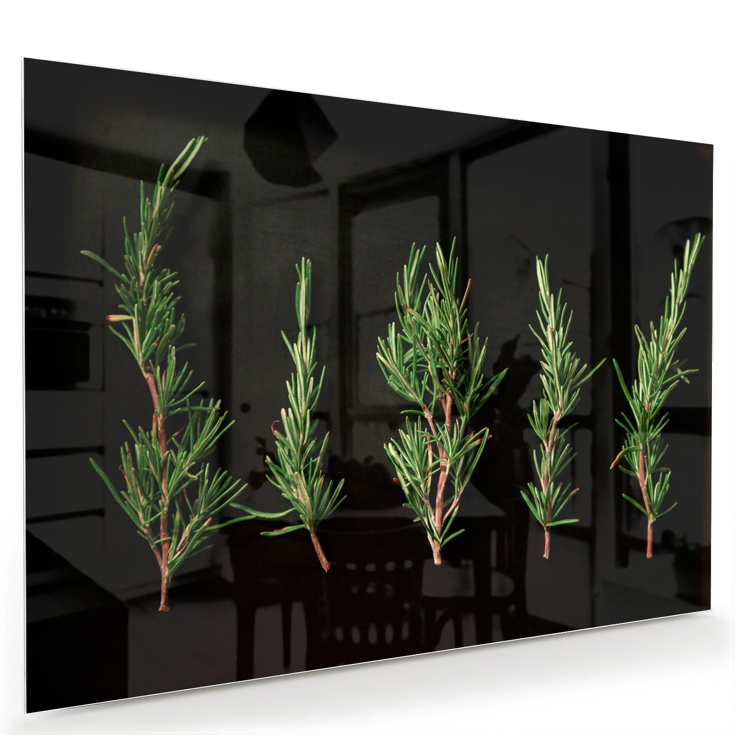Glazen schilderij met illustraties van groene takken aan een wand.