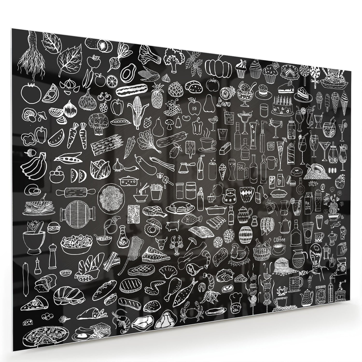 Glazen schilderij met zwart-witte illustraties aan een muur