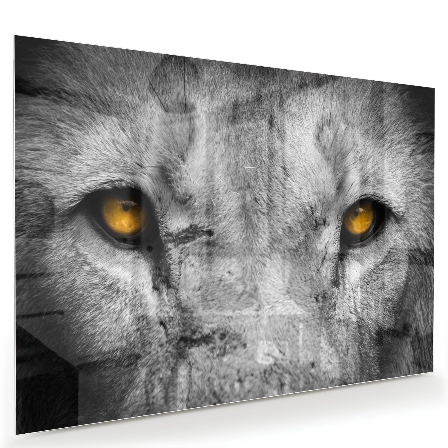 Glazen schilderij van een leeuw met gele ogen, prachtig voor aan de muur.