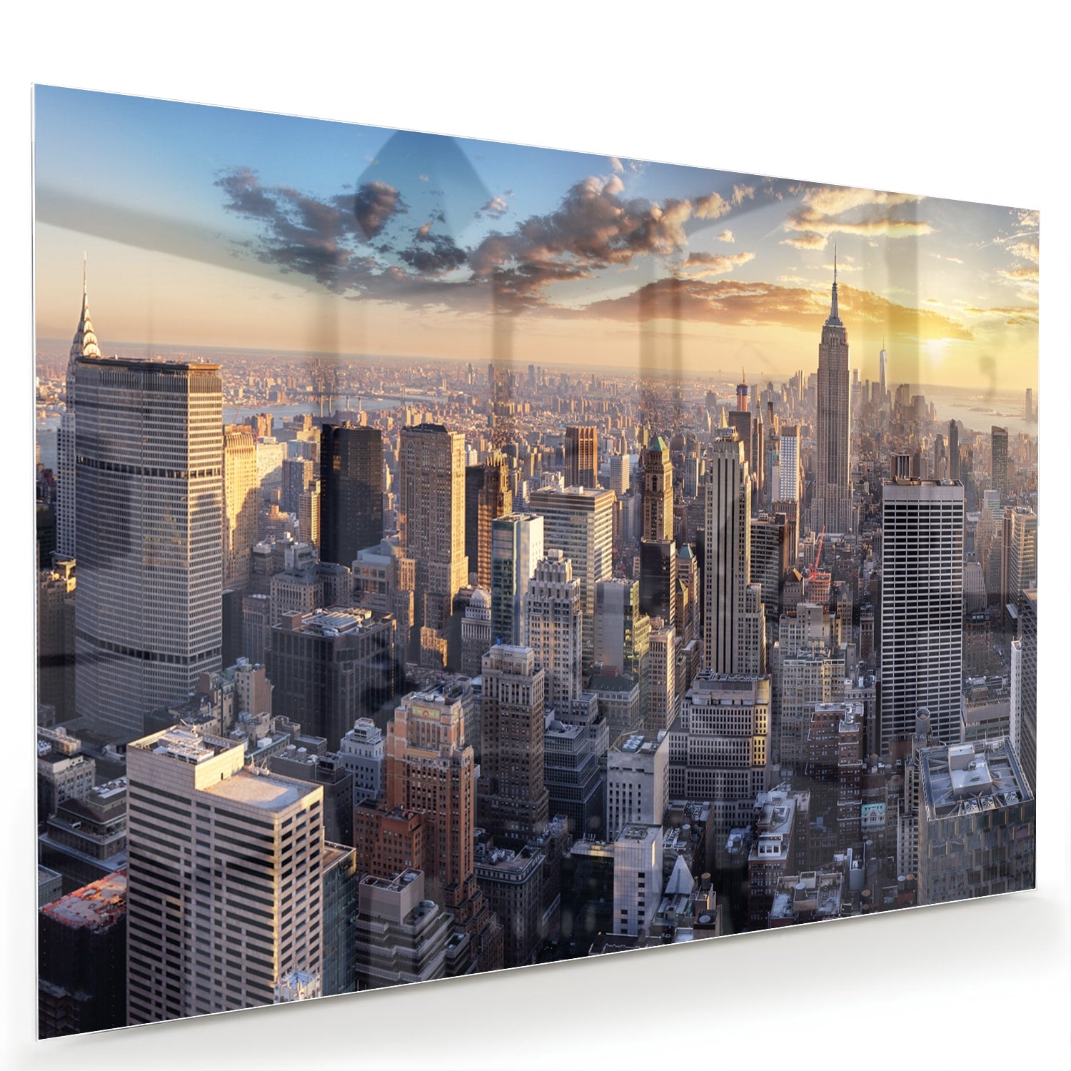 Glazen schilderij van de skyline van New York bij zonsondergang.