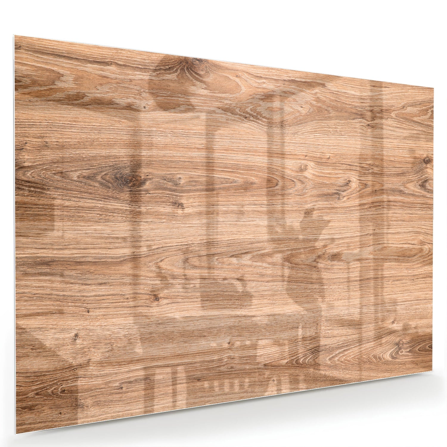 Glazen schilderij met een natuurlijke houtlook boven een moderne kast