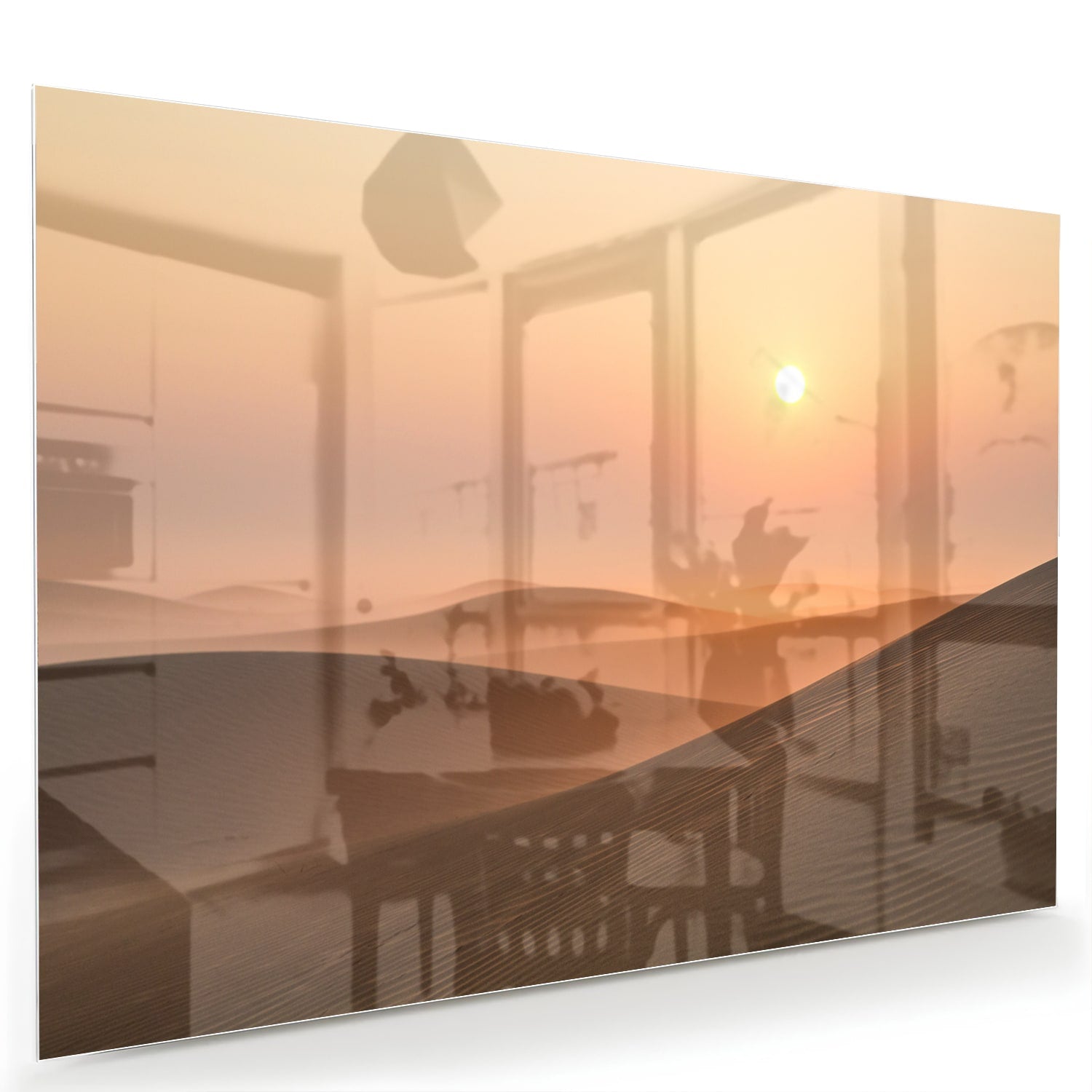Glazen schilderij van een zonsondergang met warme kleuren in een modern interieur.