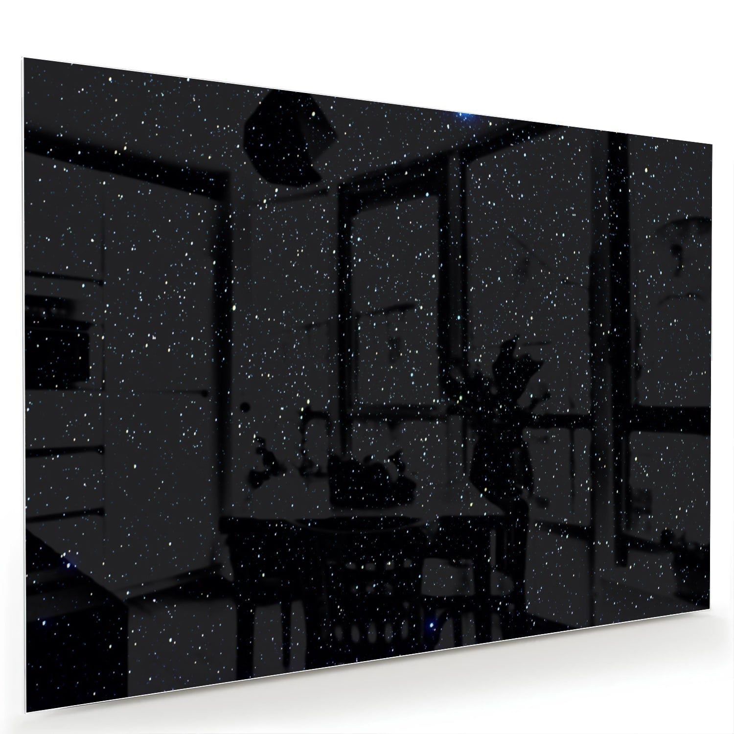 Glas schilderij met sterren op een zwarte achtergrond aan de muur