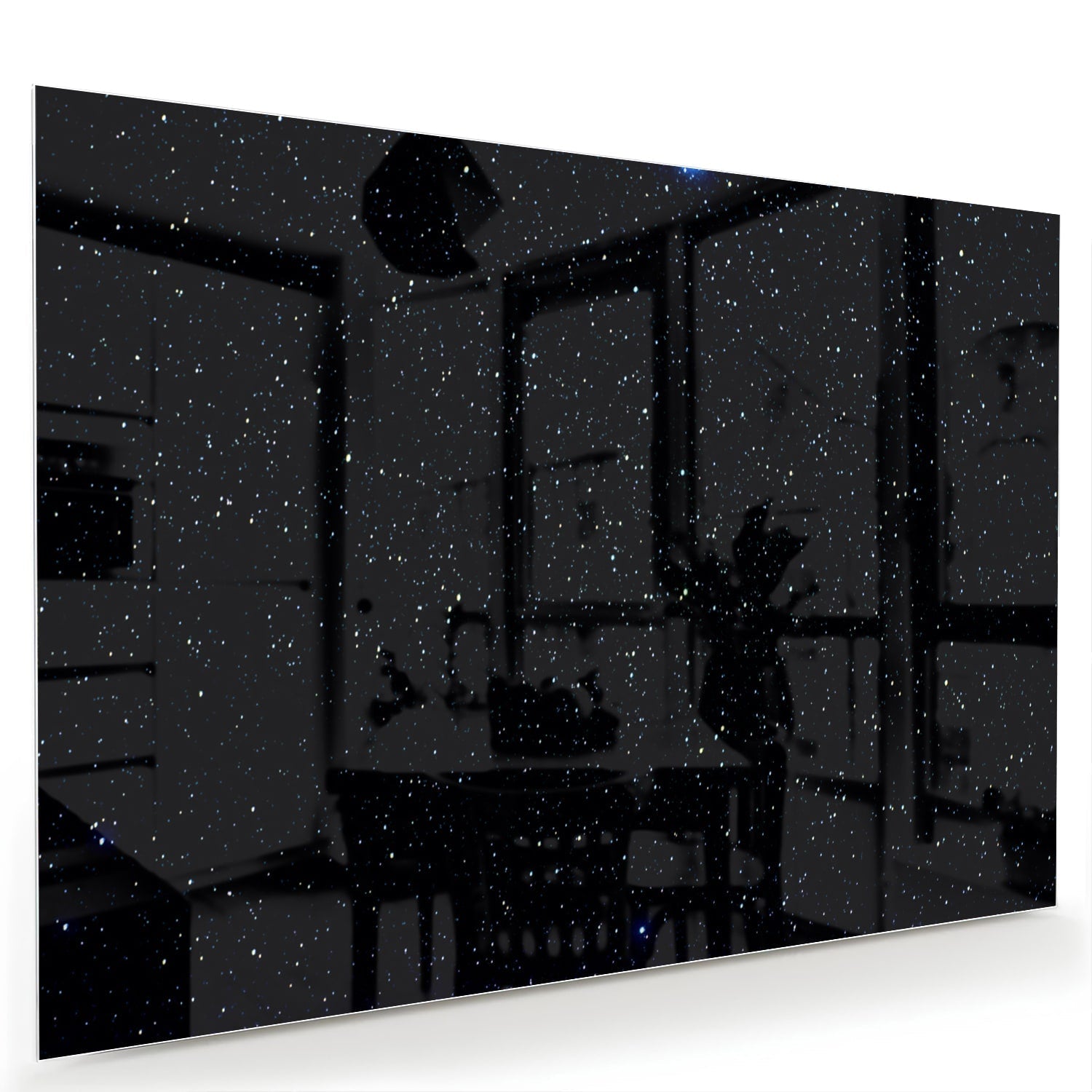 Glas schilderij met sterren op een zwarte achtergrond aan de muur