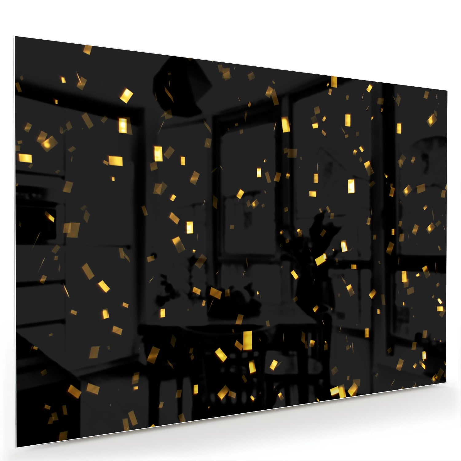 Zwart glazen schilderij met gouden confetti aan de muur in een stijlvolle woonkamer