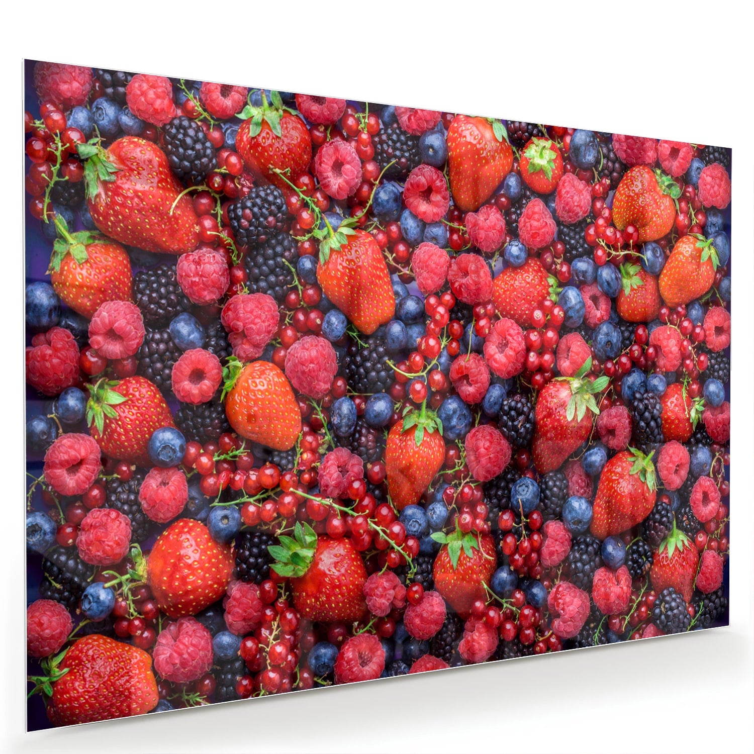 Glazen schilderij met een kleurrijke afbeelding van bessen en fruit