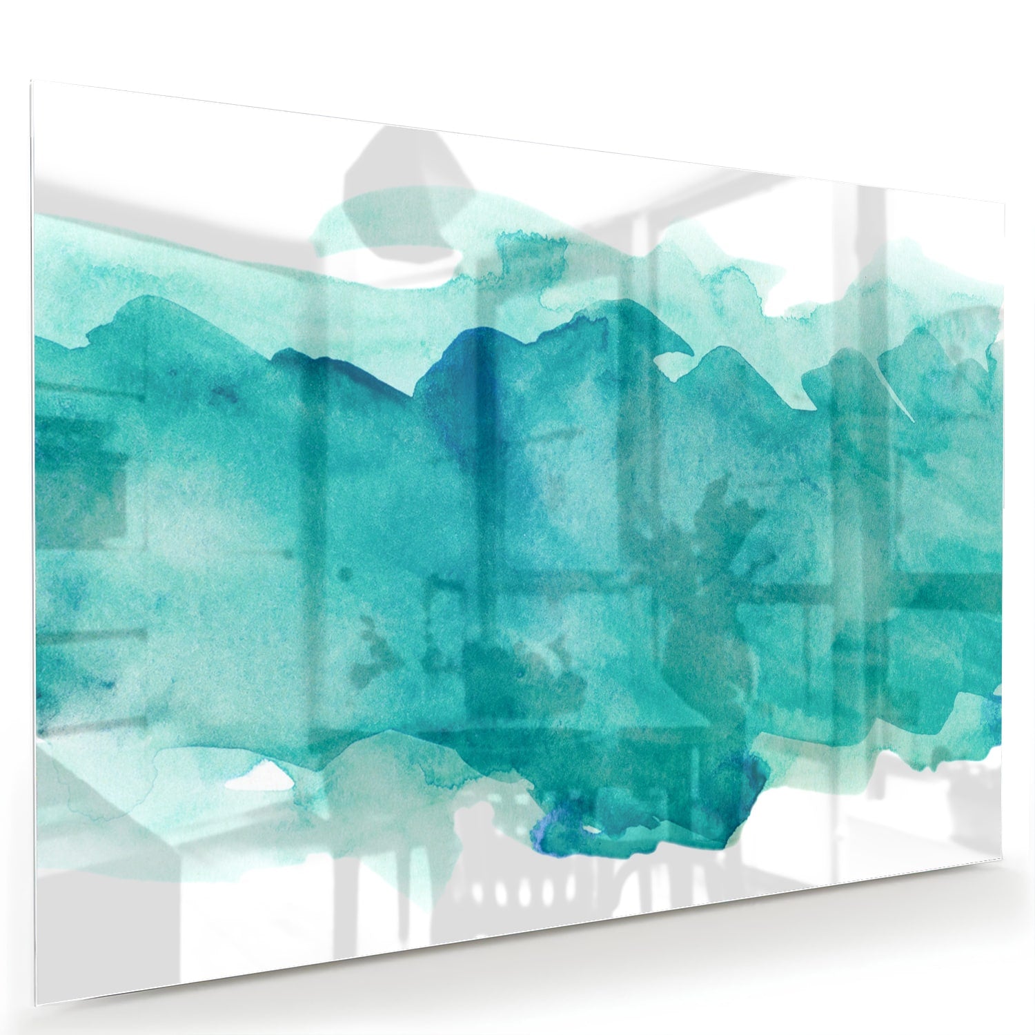 Abstract glazen schilderij met turquoise tinten, perfect voor moderne interieurs.