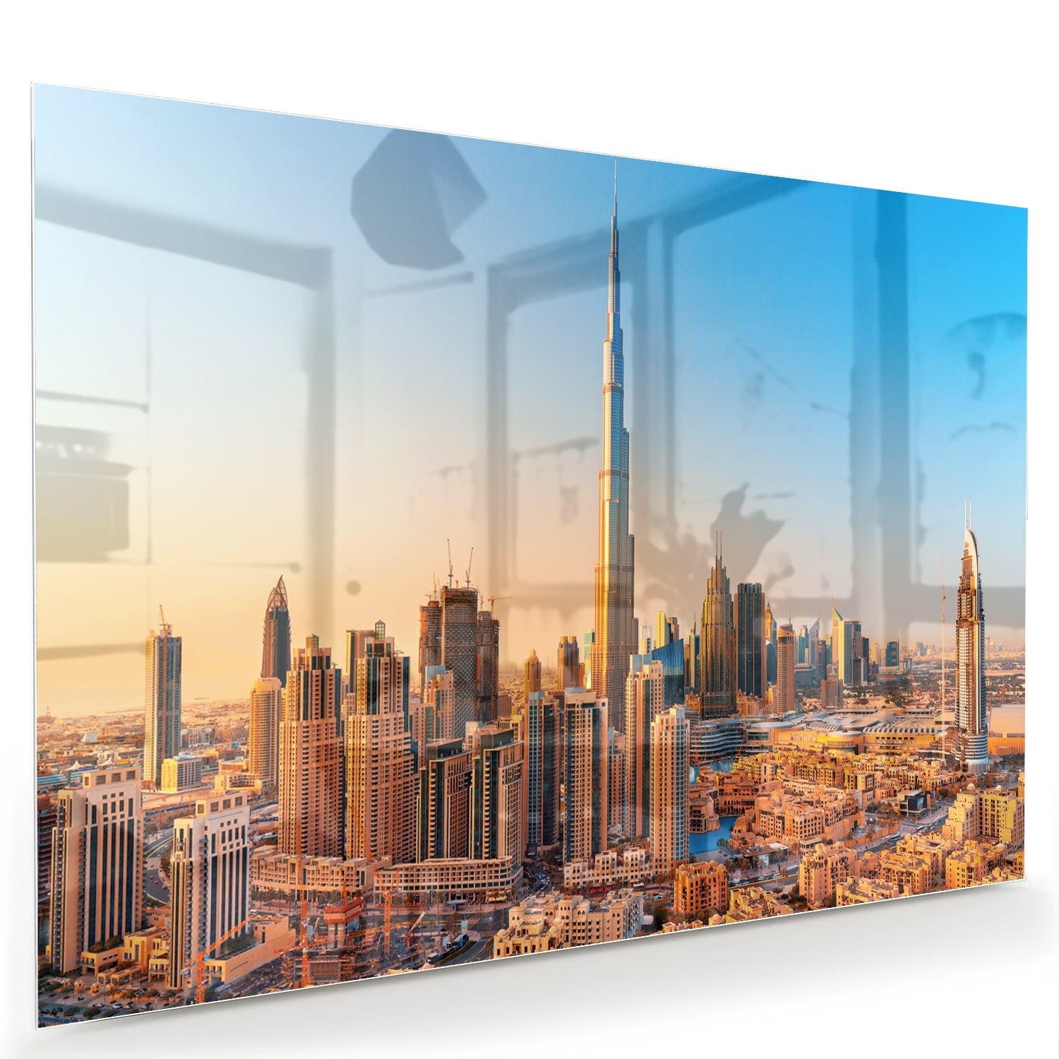 Glazen schilderij van de skyline van Dubai met Burj Khalifa tijdens zonsondergang