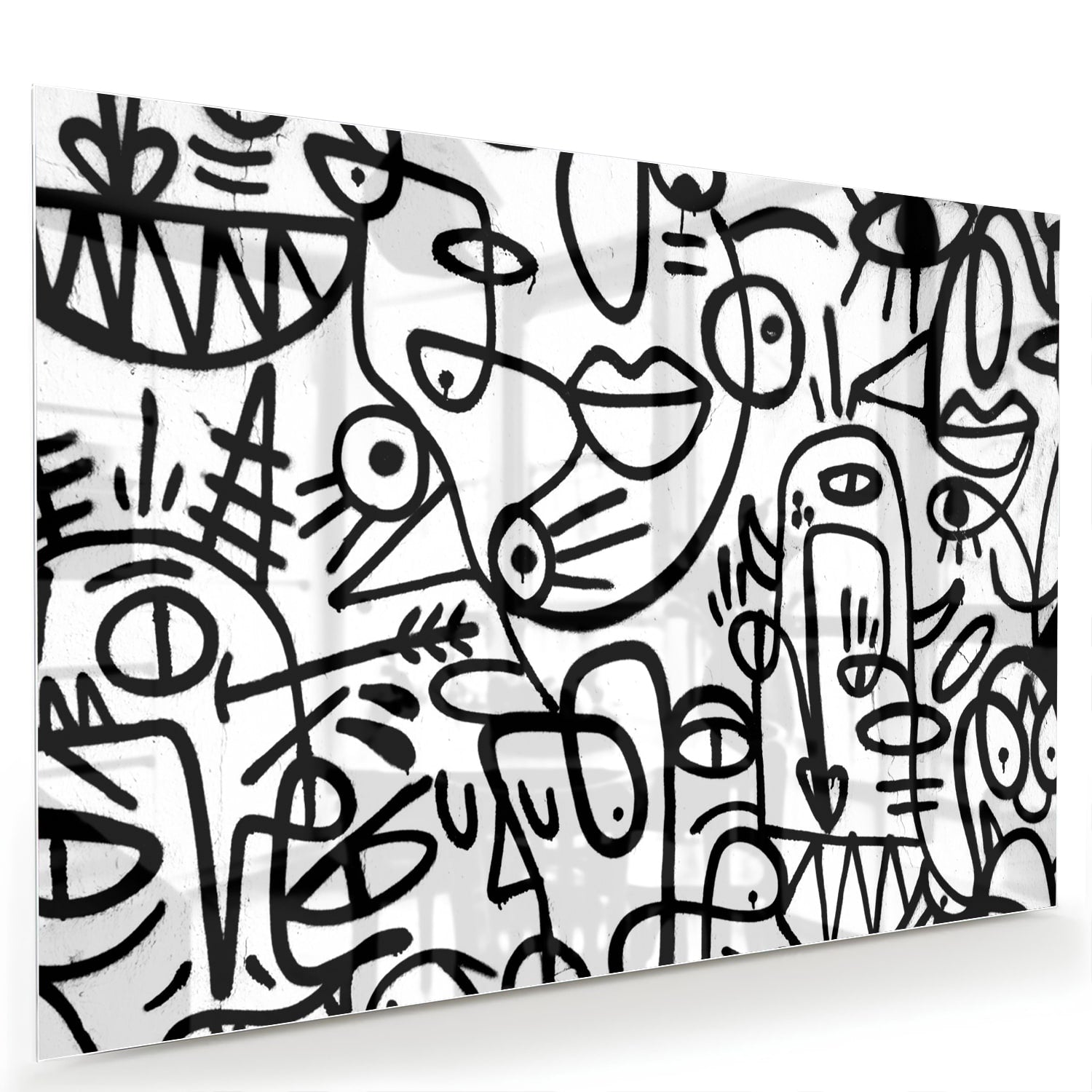 Abstract glazen schilderij in zwart-wit met vormen en lijnen