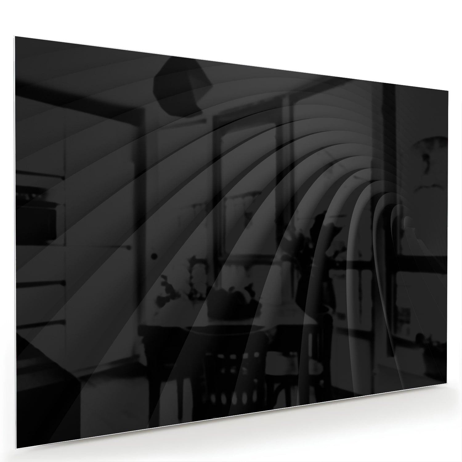 Zwart glazen schilderij aan de muur in een modern interieur