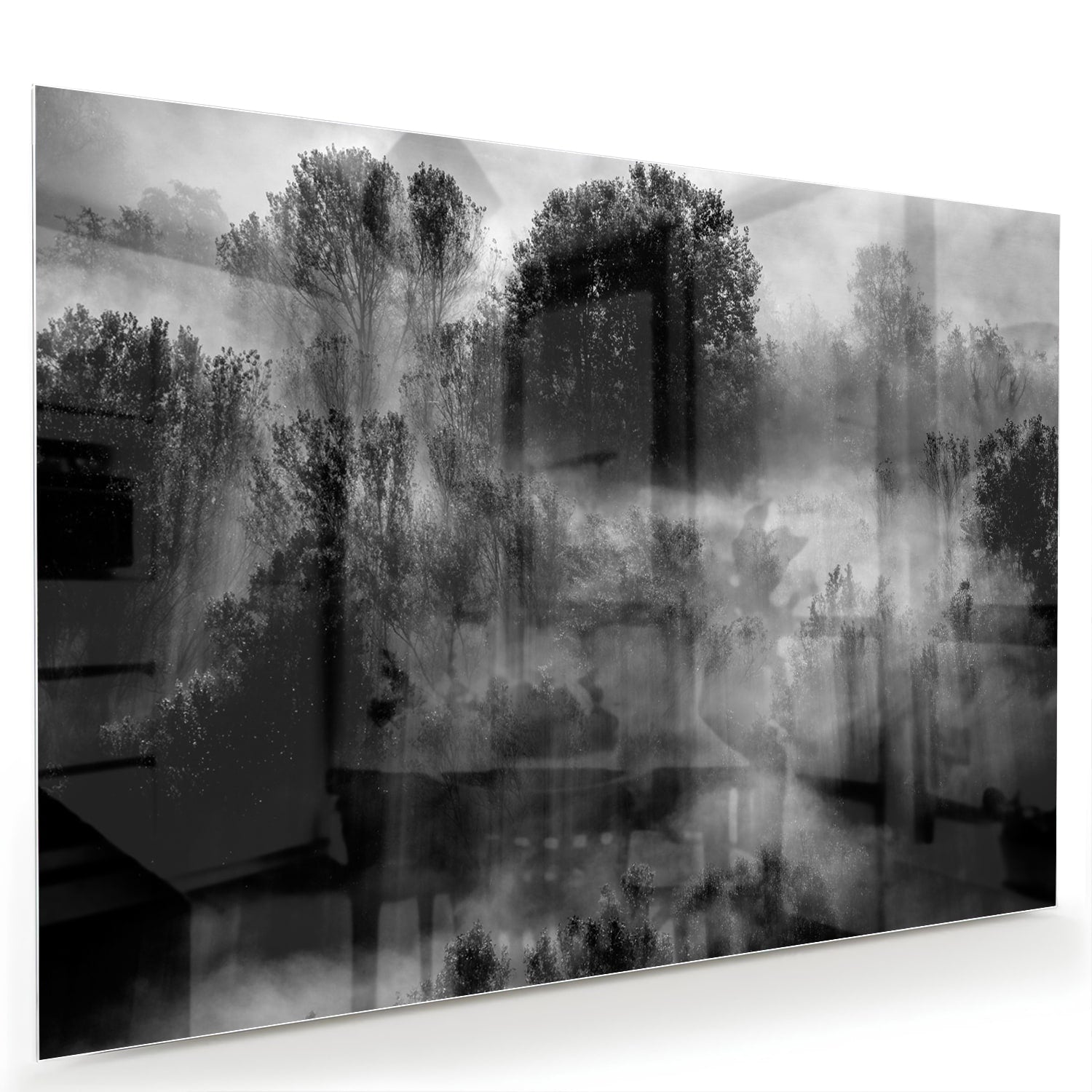 Glazen schilderij met een abstract zwart-wit landschap van bomen in de mist.