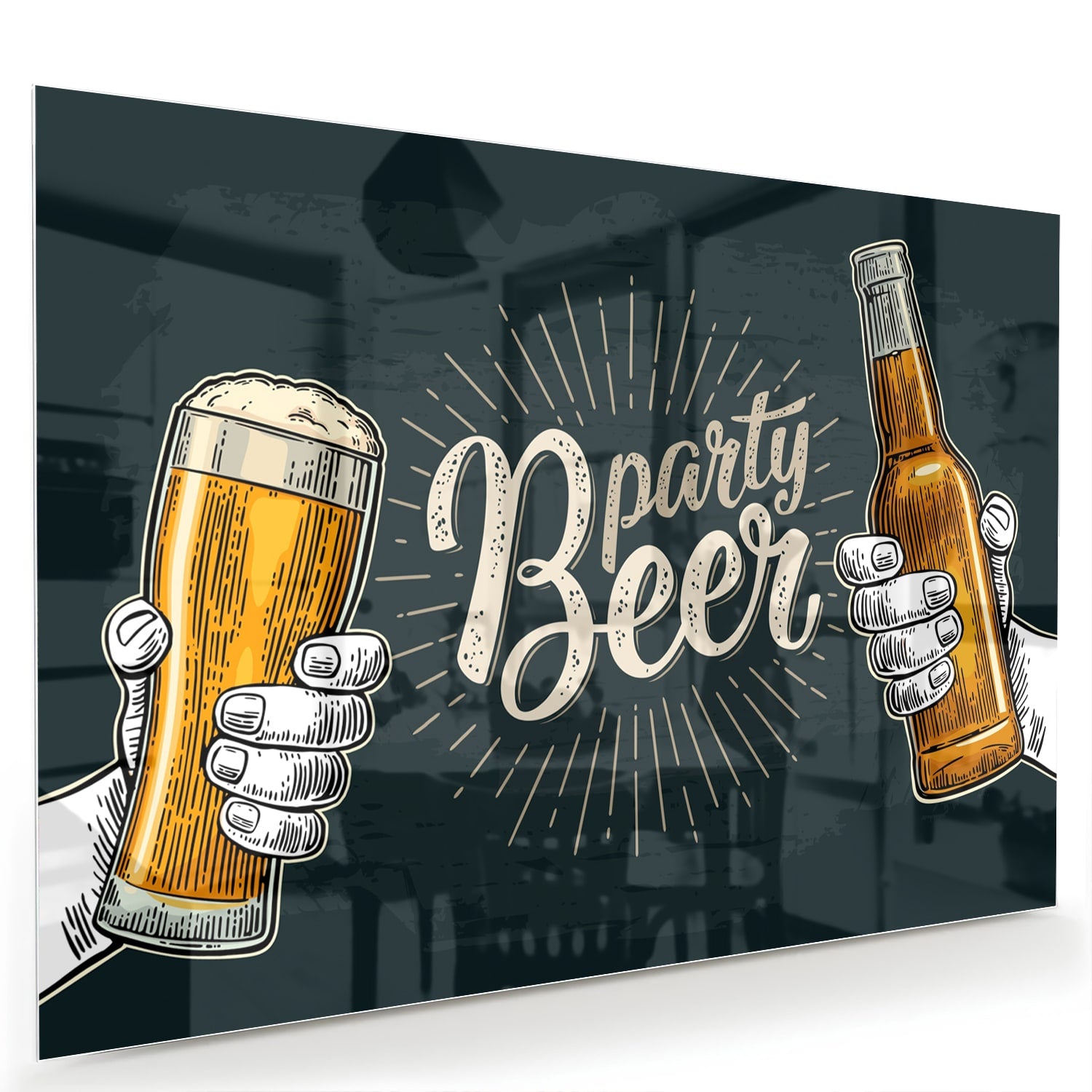 Feestelijk glazen schilderij met twee handen die bier vasthouden.