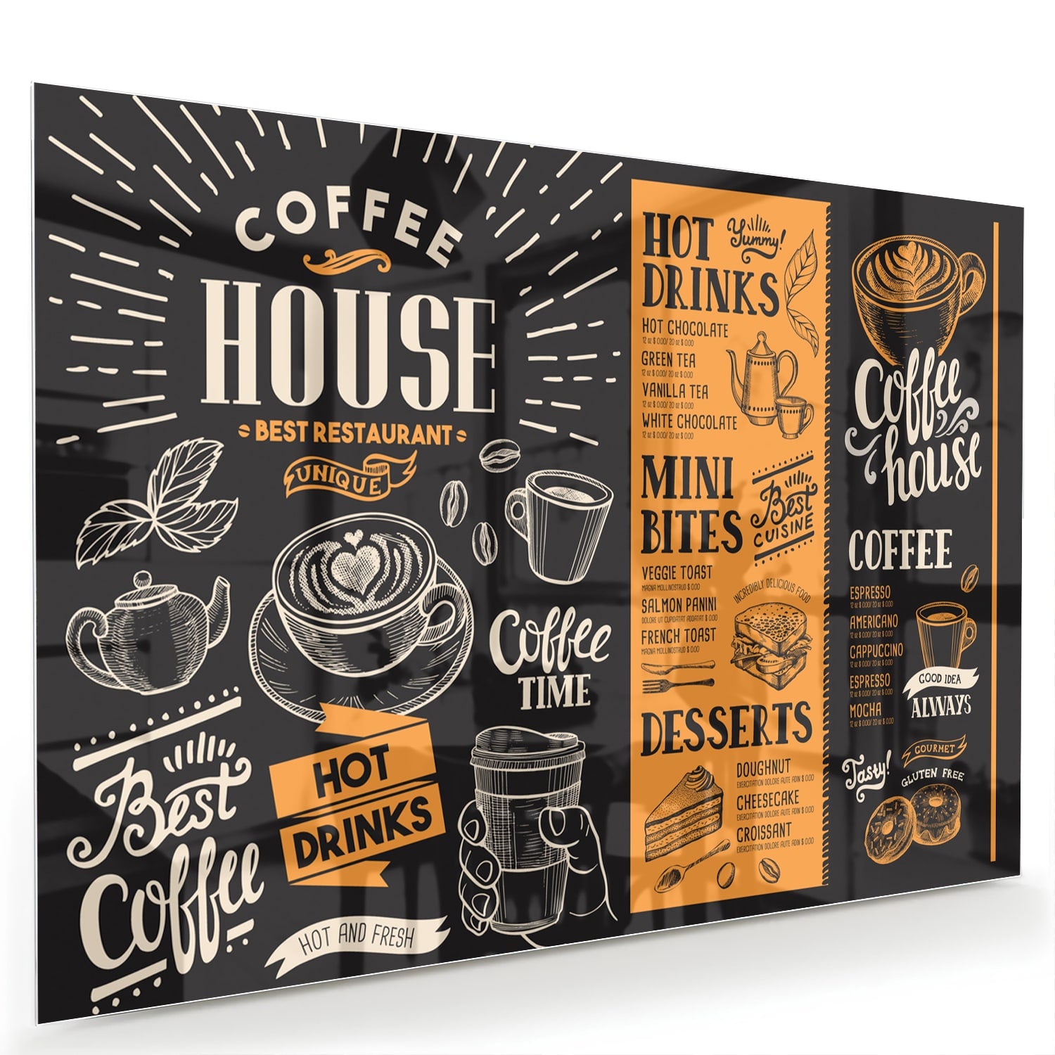 Glazen schilderij van een koffiehuis met tekst in zwart en oranje