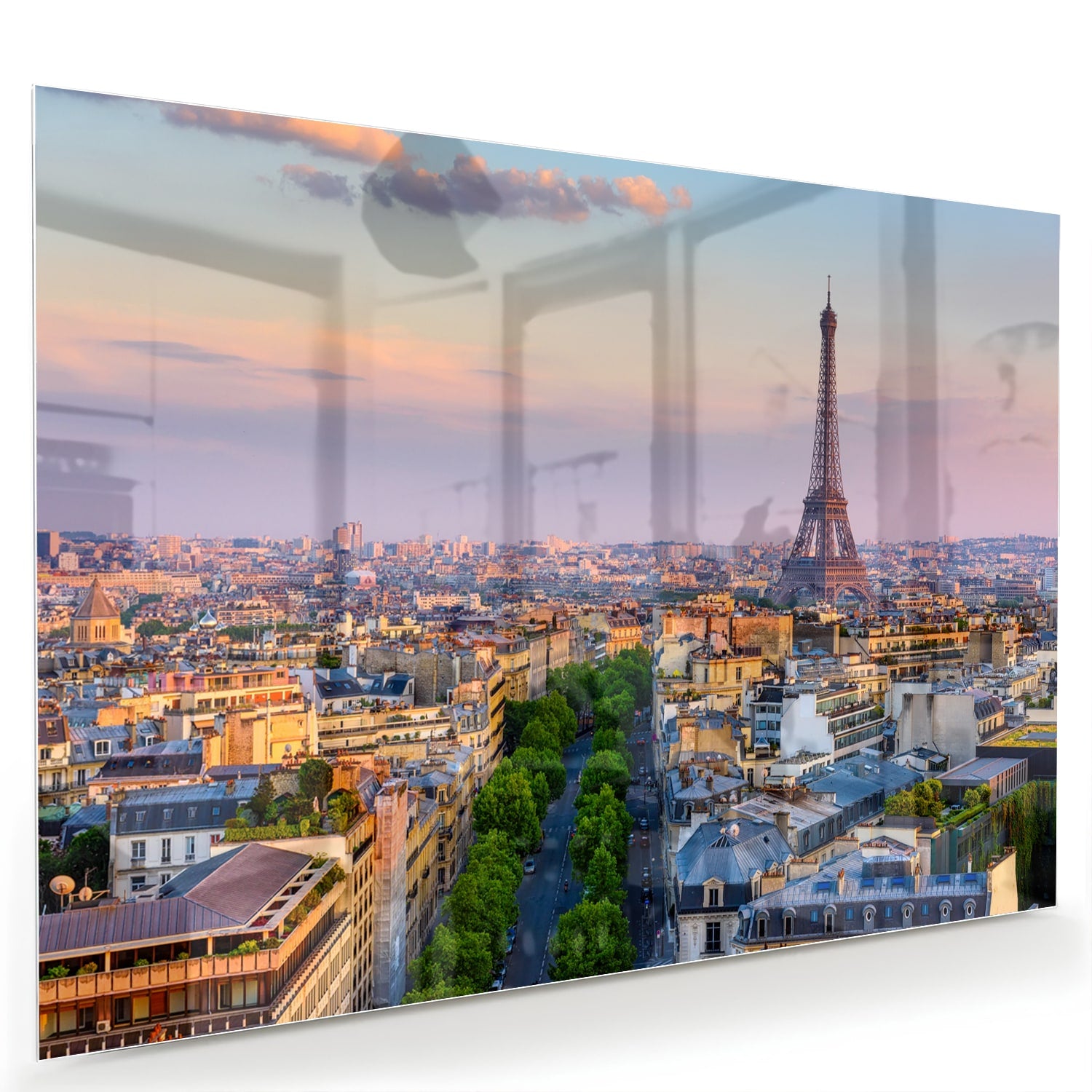 Glas schilderij van de Eiffeltoren in Parijs bij zonsondergang