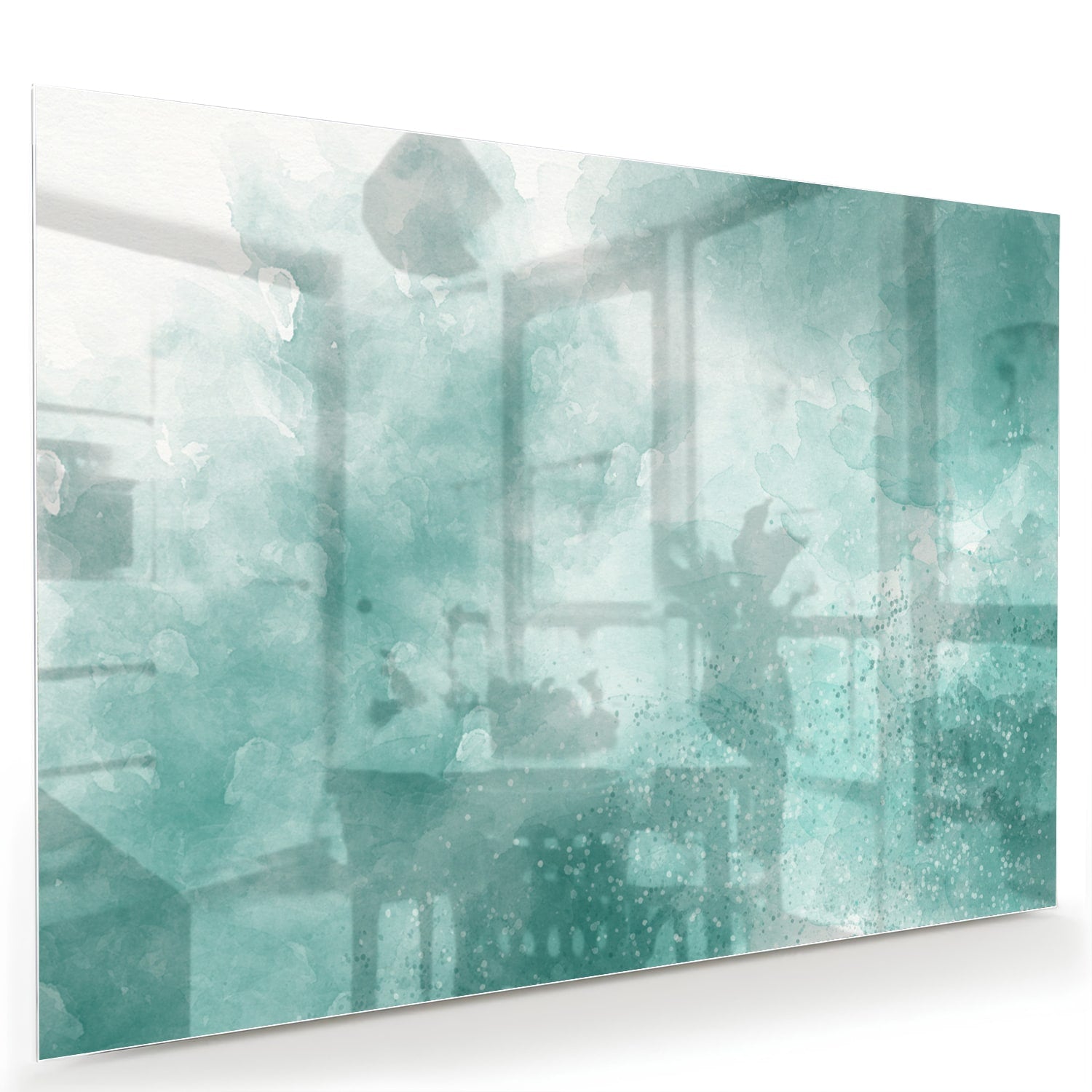 Abstract glazen schilderij in aquablauw kleur, past mooi in een modern interieur.