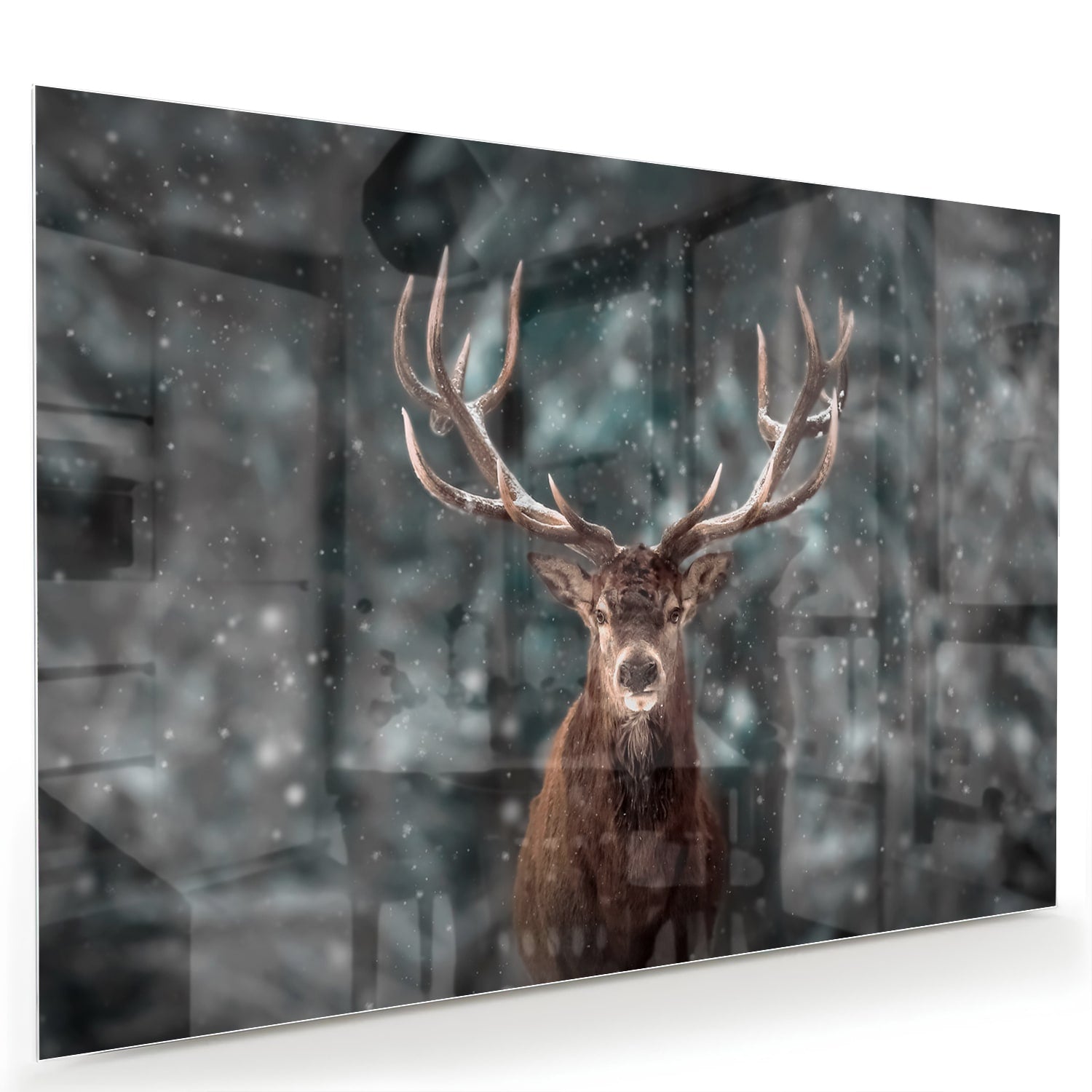 Glazen schilderij van een hert in een winterse setting