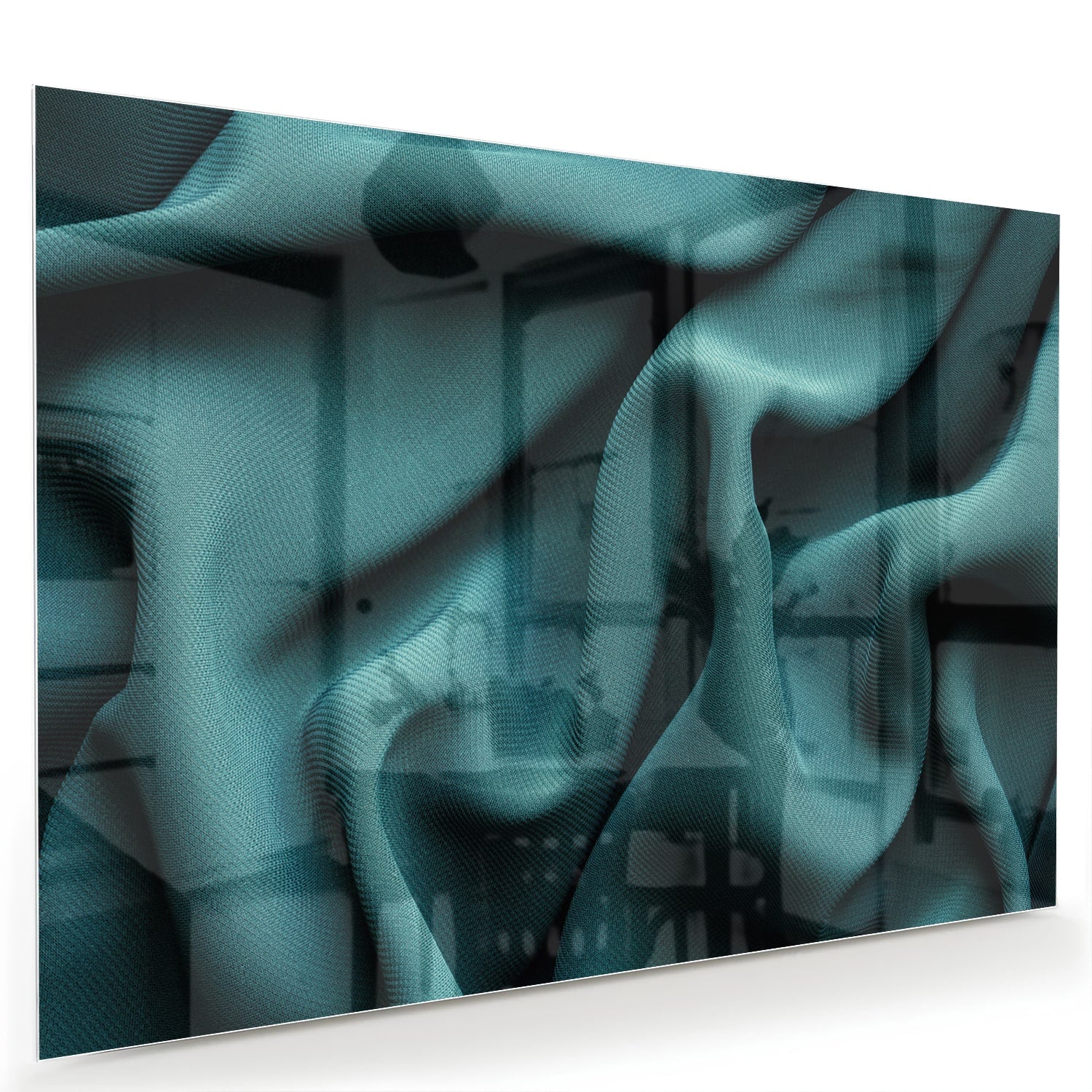 Elegante blauwgroene glazen schilderij in een moderne woonomgeving.