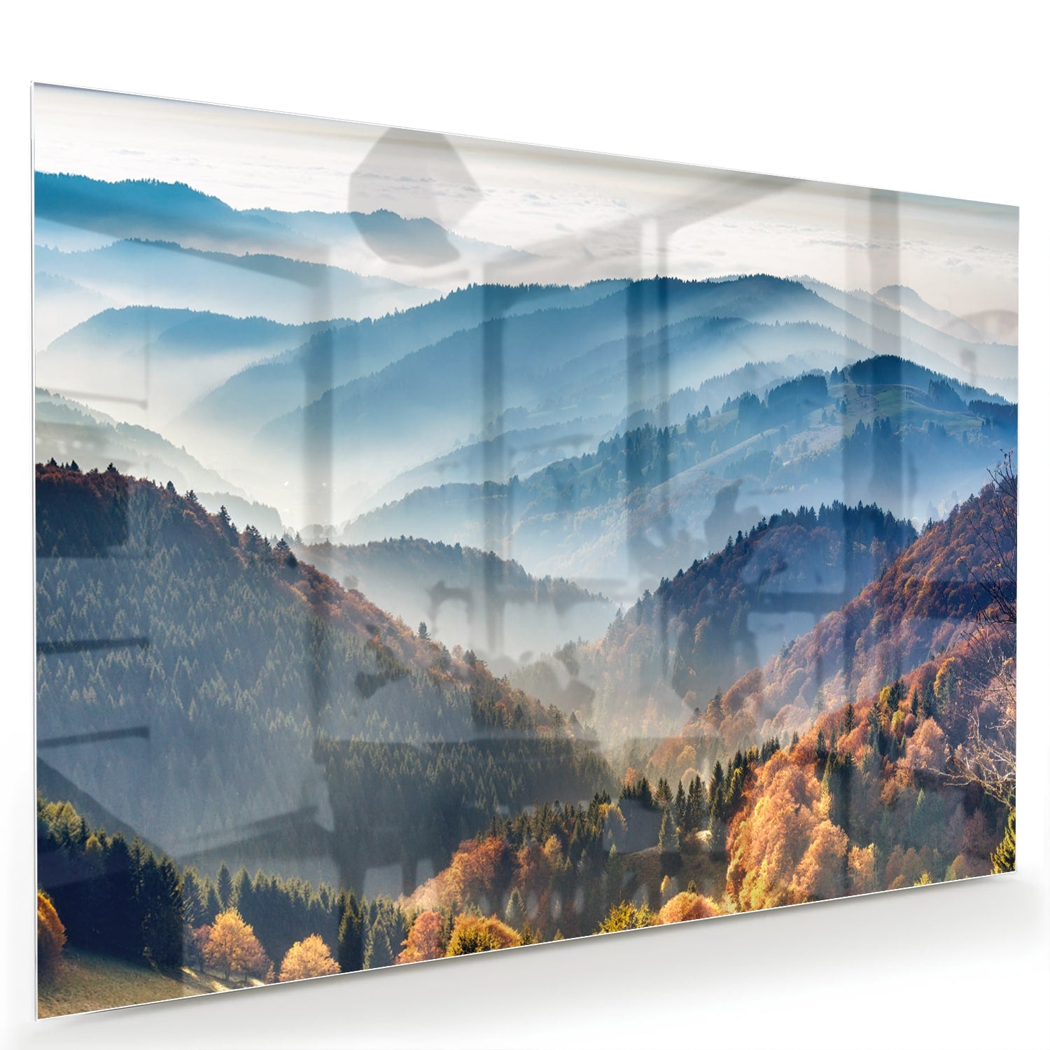Glazen schilderij met een adembenemend berglandschap in warme herfstkleuren