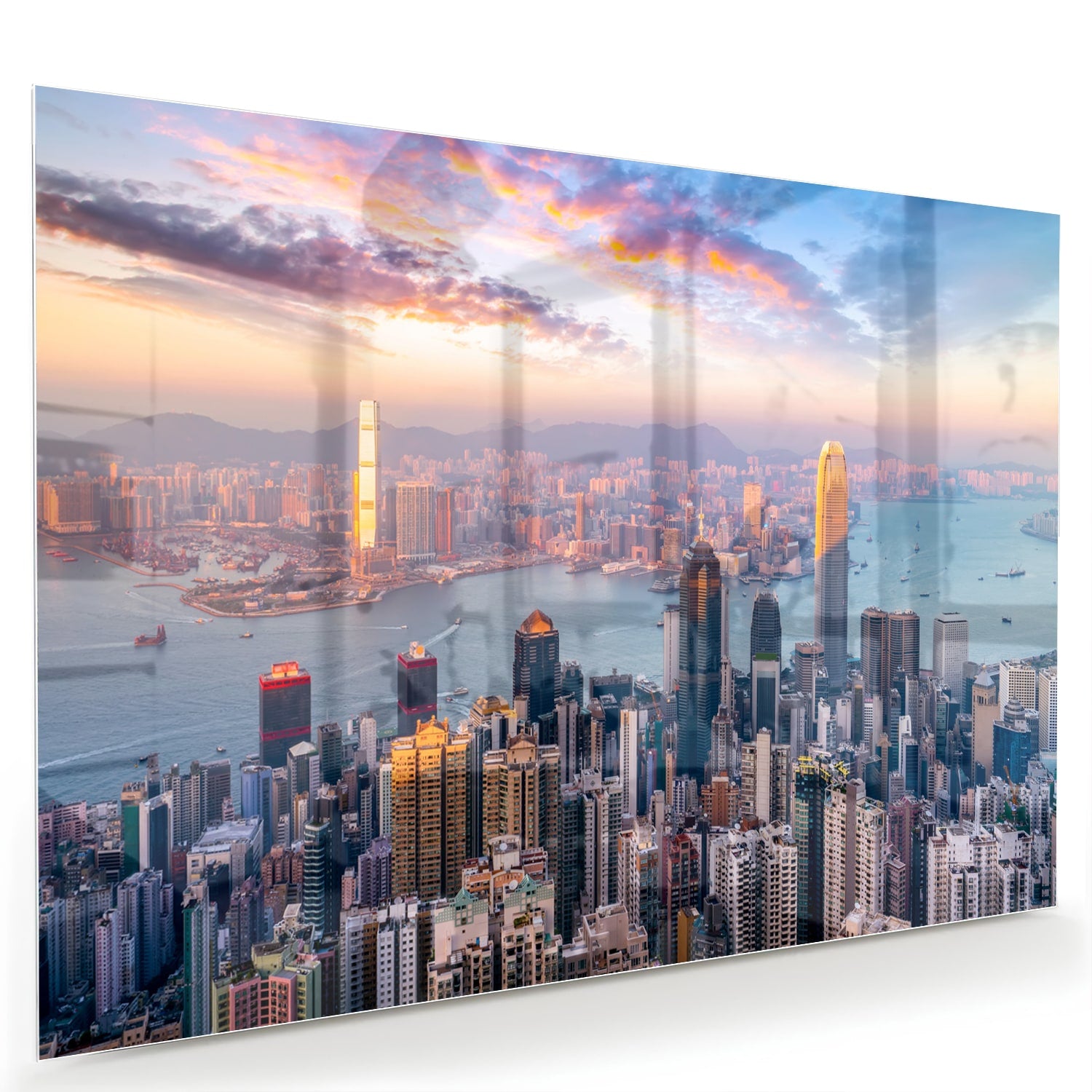 Glazen schilderij van een stadsgezicht met zonsondergang, perfect voor inrichting